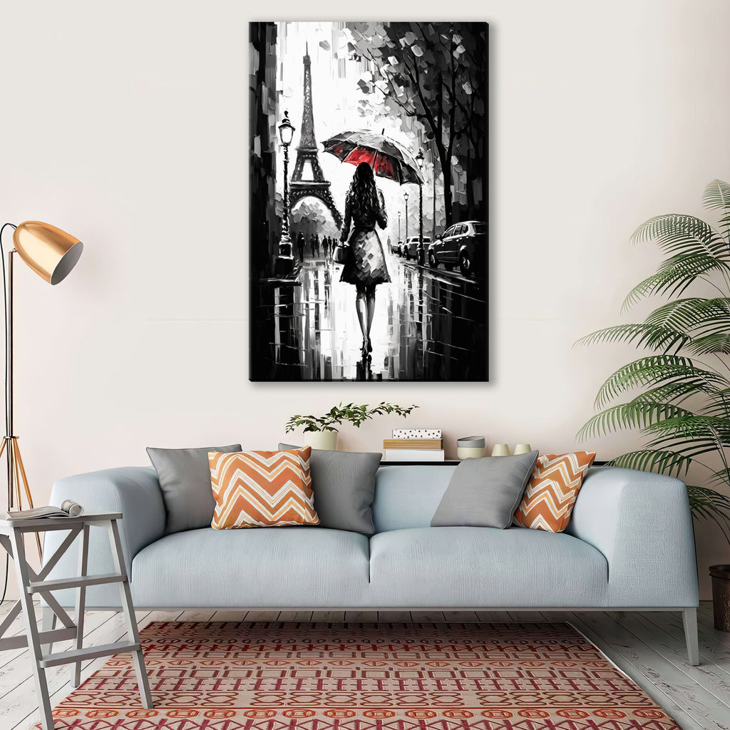Parisian Canvas Art – Black and White Art with Red Umbrella | Large Gallery Ready Canvas Print