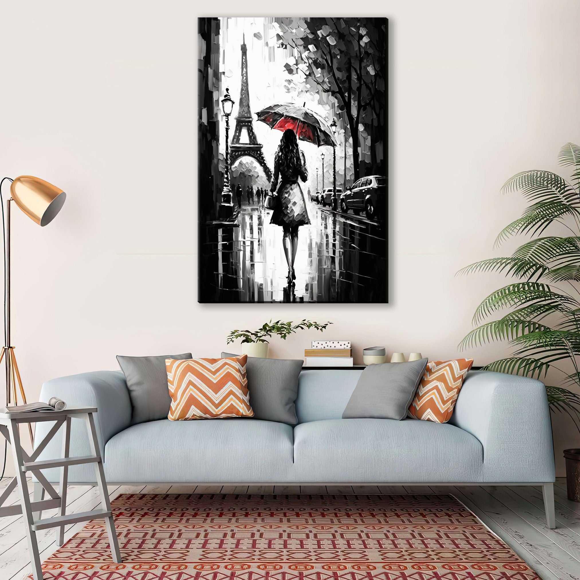 Parisian Canvas Art – Black and White Art with Red Umbrella | Large Gallery Ready Canvas Print