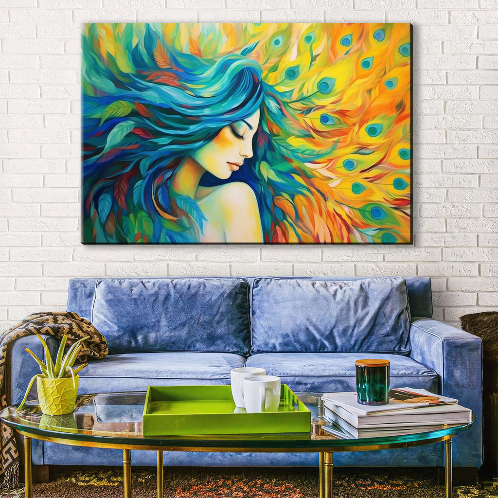 Peacock Feather Canvas - Elegant Woman Portrait Art | Large Gallery Ready Print