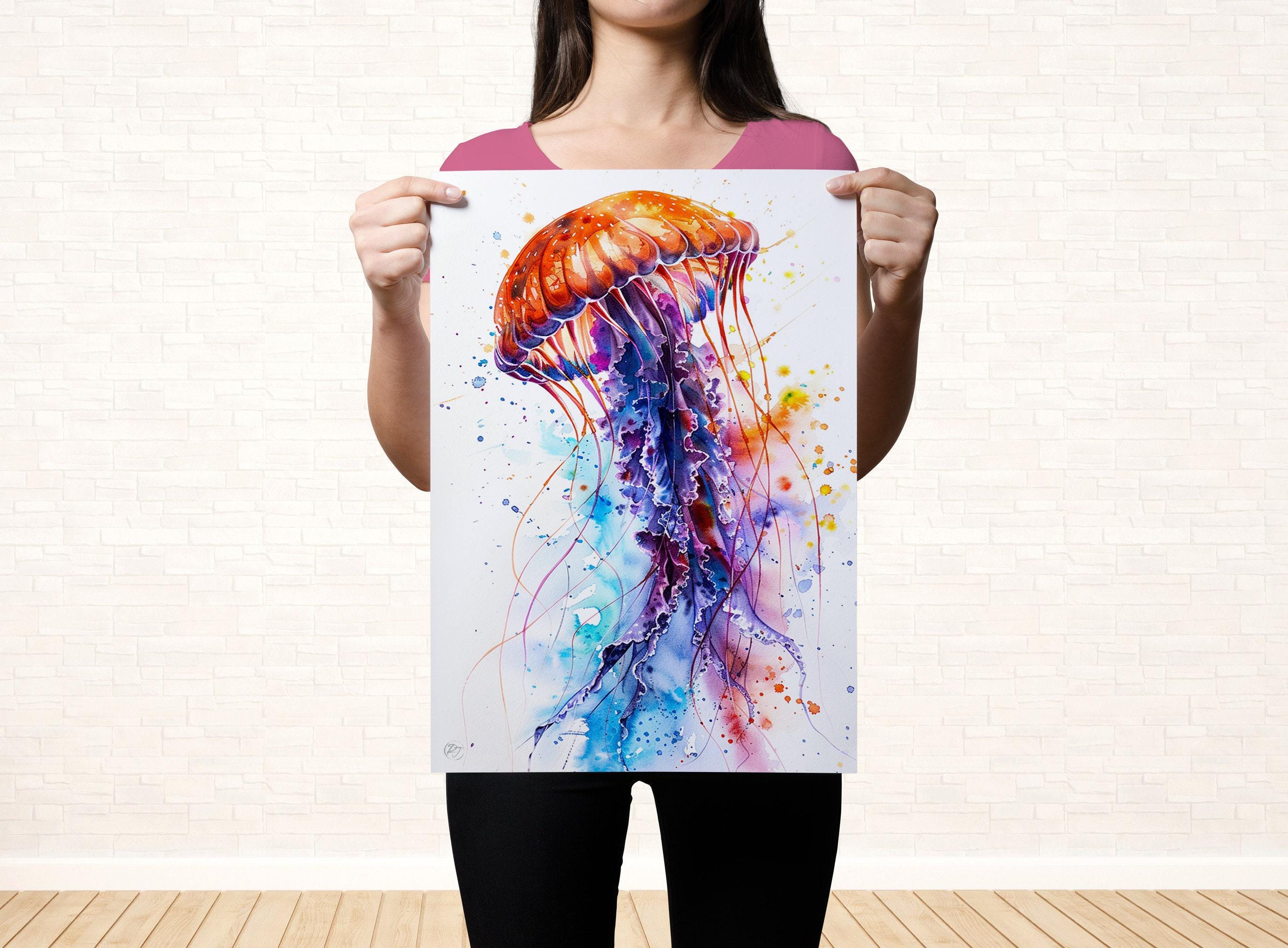 Beautiful Jellyfish Watercolor, Oceanic Wall Art, Giclee Print on Canvas, Artist Paper, Watercolor Paper, Available in Extra Large Sizes