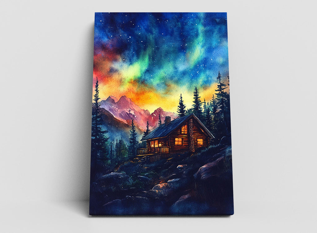 A cabin nestled in a forest, surrounded by pine trees and mountains, with a vibrant night sky filled with stars and a colorful, ethereal atmosphere.