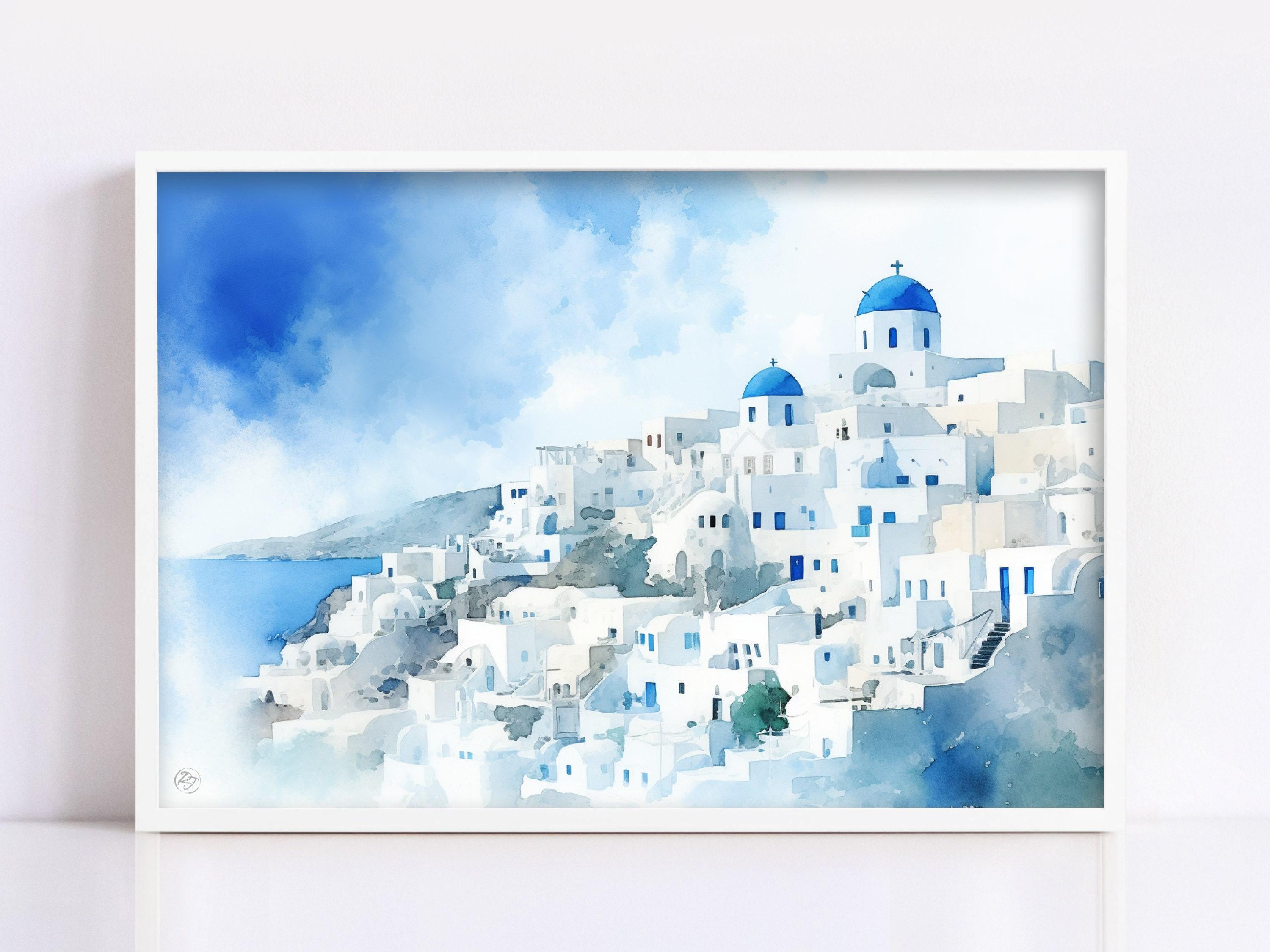Aegean Bliss: Santorini Sunset Watercolor Wall Art, Giclee Print on Canvas, Artist Paper, Watercolor Paper, Available in Extra Large Sizes