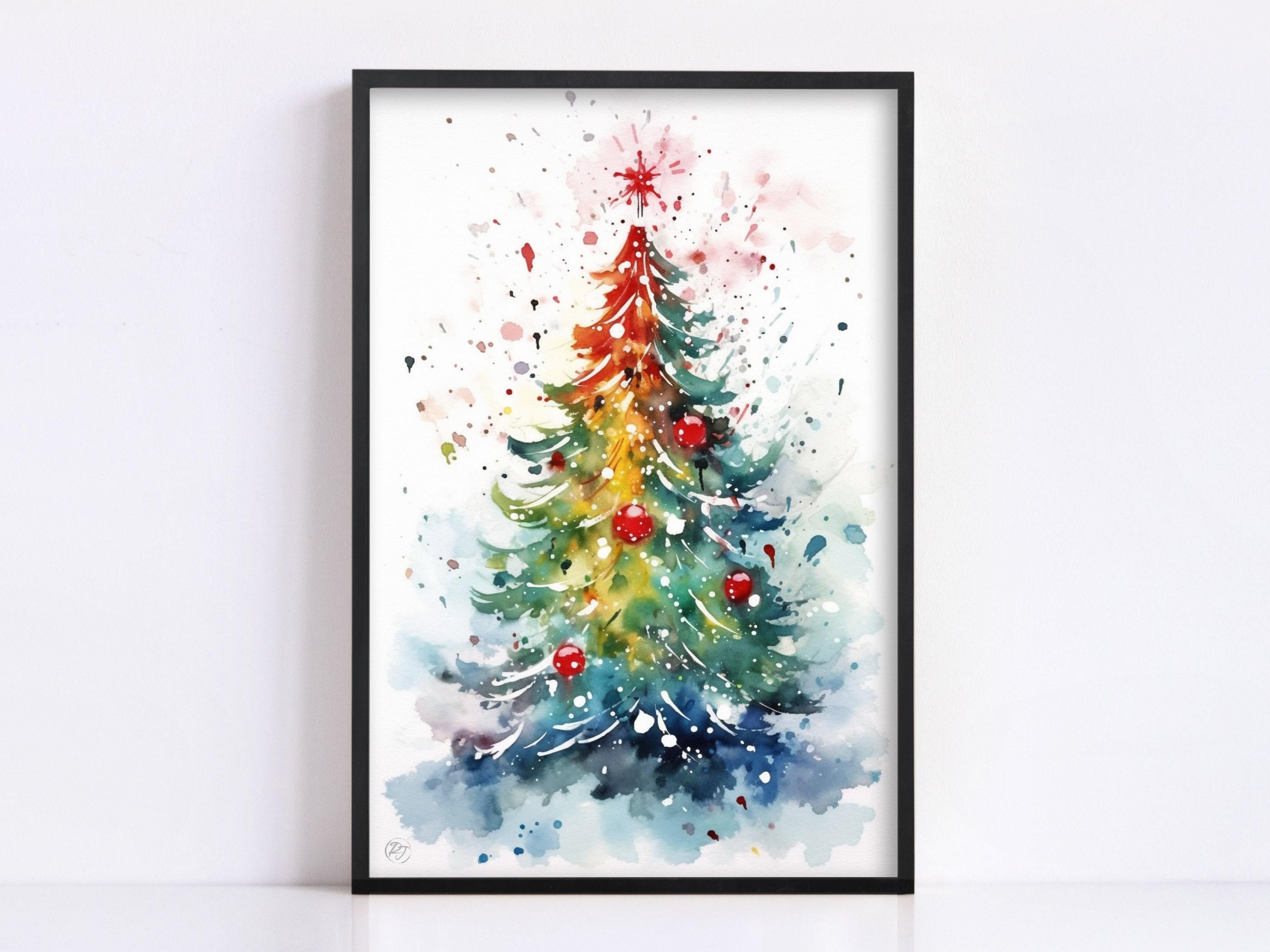 Watercolor Christmas Tree - Festive Holiday Wall Art, Giclee Print on Canvas, Artist Paper, Watercolor Paper, Available in Extra Large Sizes