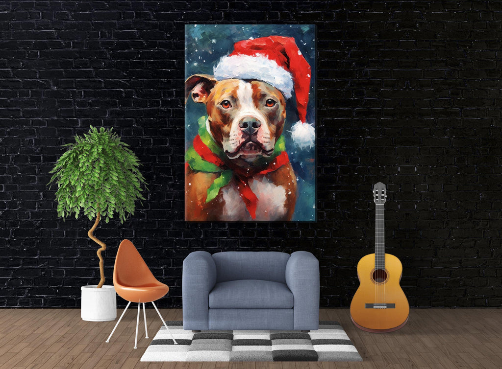 Christmas Pitbull Painting | Santa Hat Dog Art, Giclee Artist Print, Holiday Pet Artwork Canvas