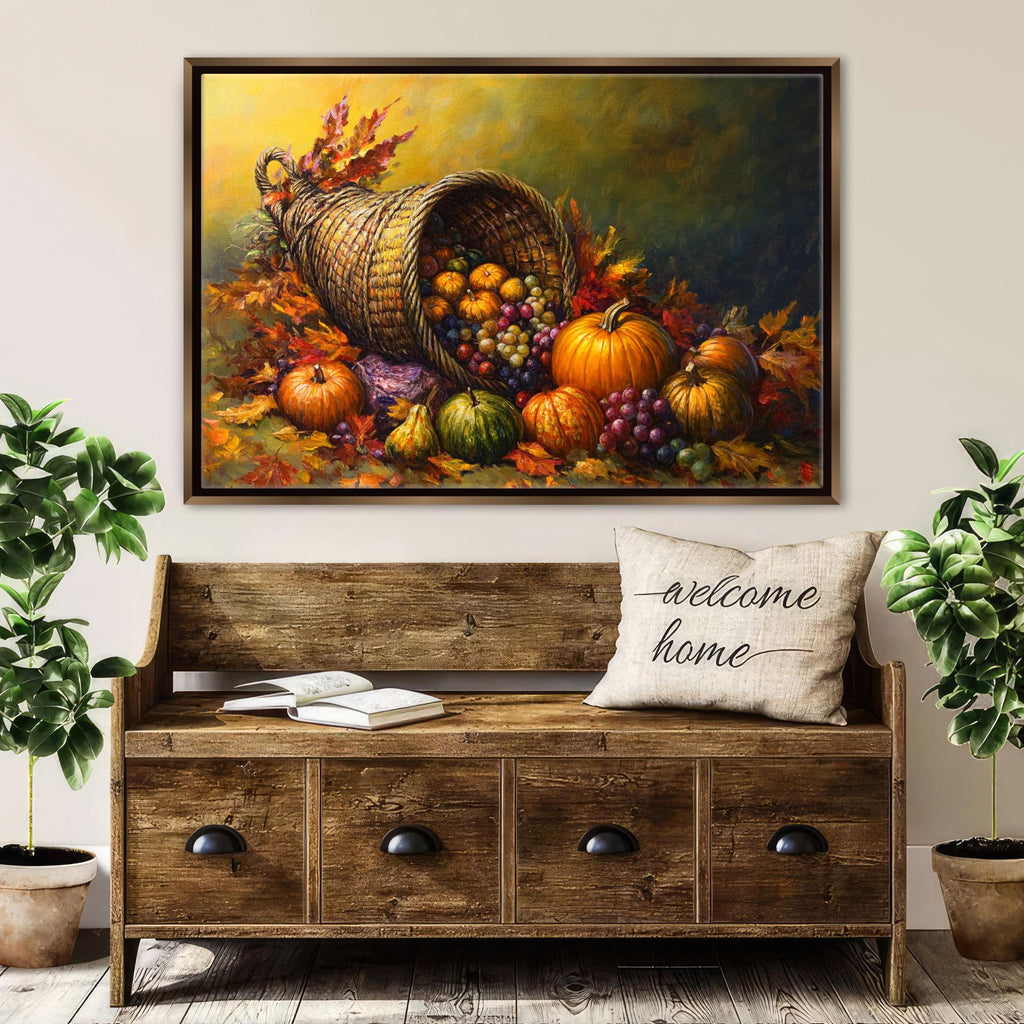 a wooden bench with a "welcome home" pillow, surrounded by potted plants and a painting of a basket of fruits on the wall.