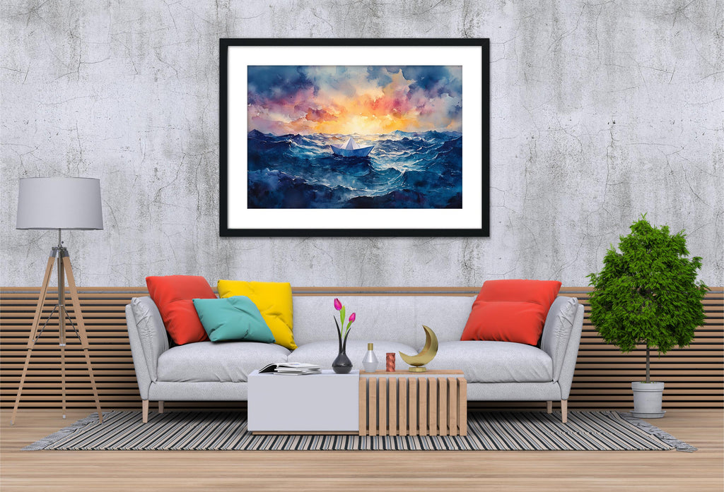 a modern living room with a gray sofa, a wooden coffee table, and a framed painting of a sunset over the ocean hanging on the wall above the sofa.