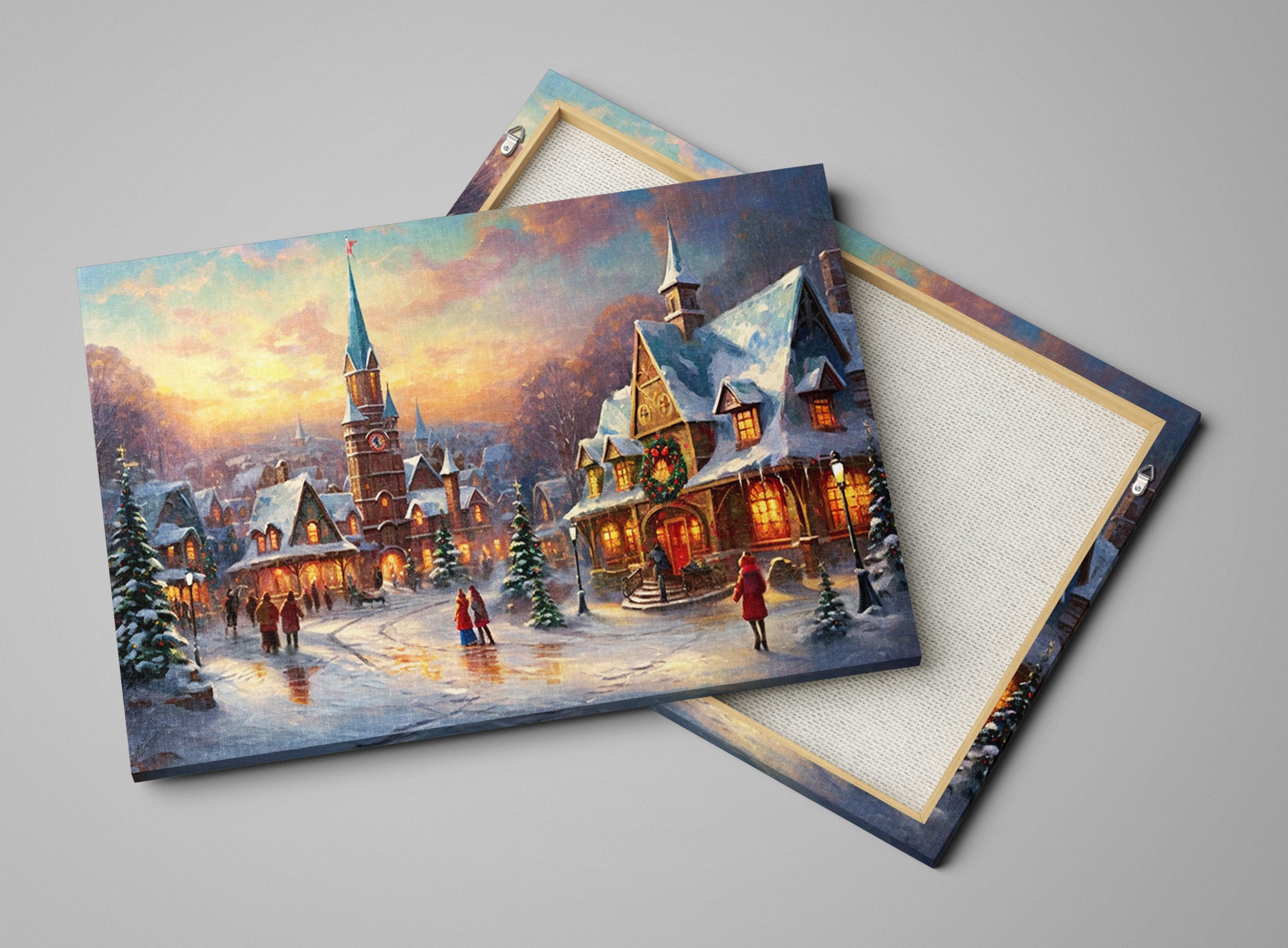 Victorian Christmas Wall Art - Vintage Christmas Village on Gallery Wrapped Canvas, Large Holiday Decor