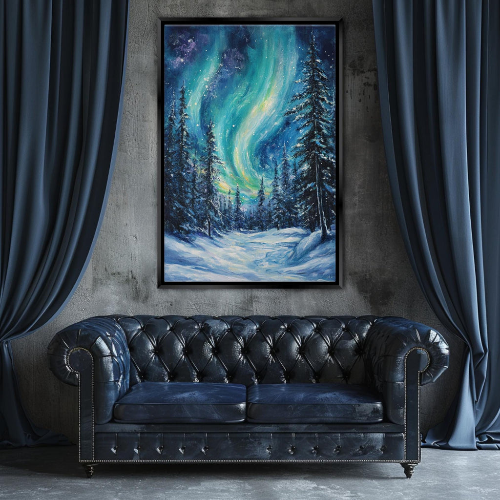 a painting of an aurora bore above a snowy forest