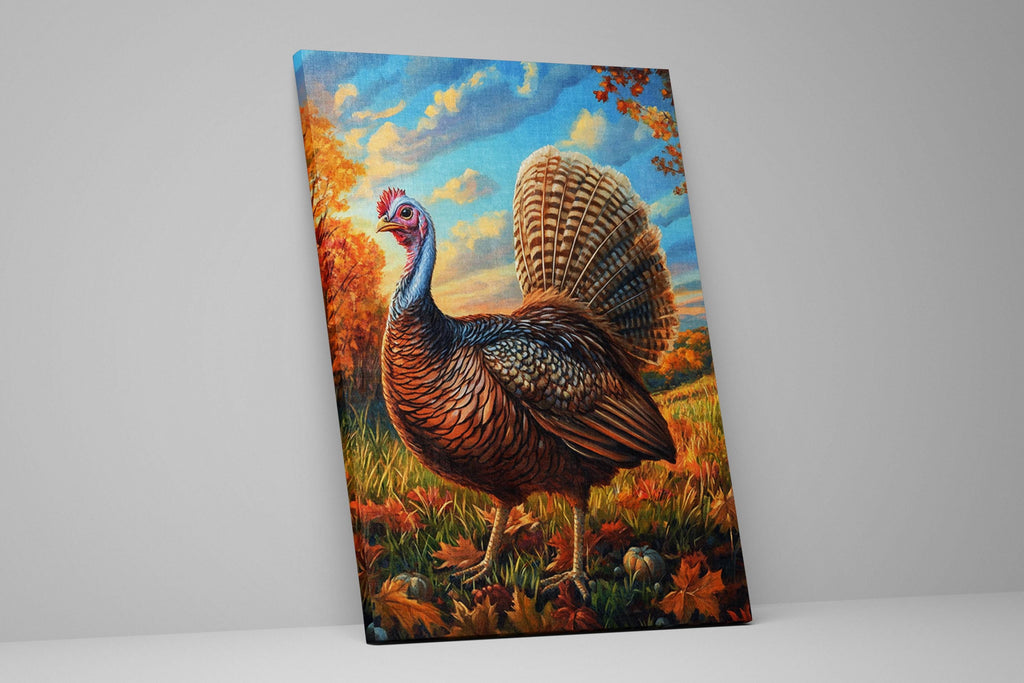 a turkey standing in a field with autumn foliage in the background.