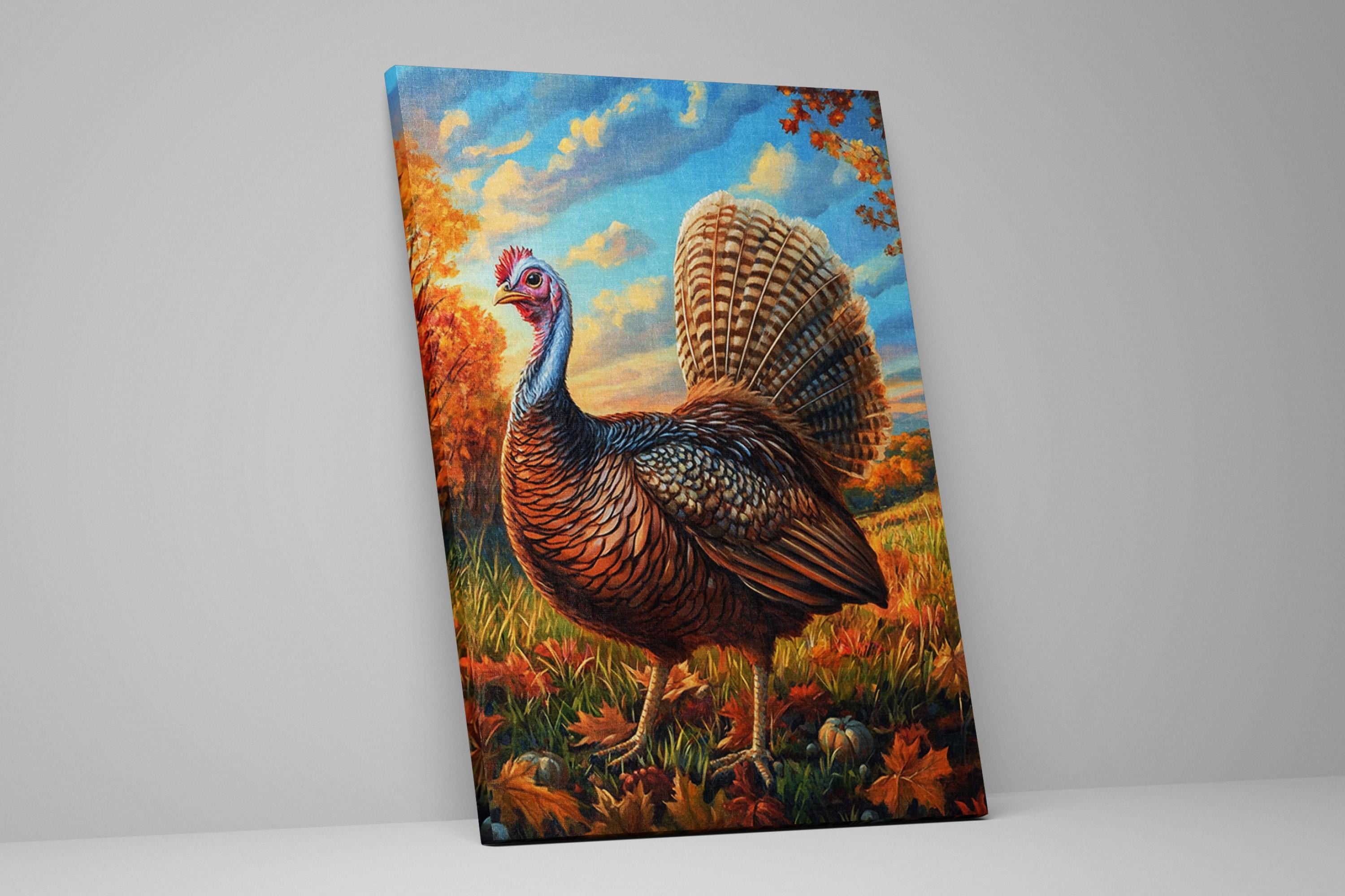 a turkey standing in a field with autumn foliage in the background.
