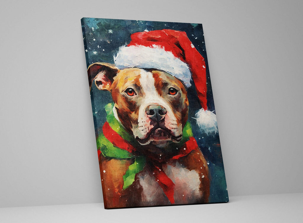 Christmas Pitbull Painting | Santa Hat Dog Art, Giclee Artist Print, Holiday Pet Artwork Canvas