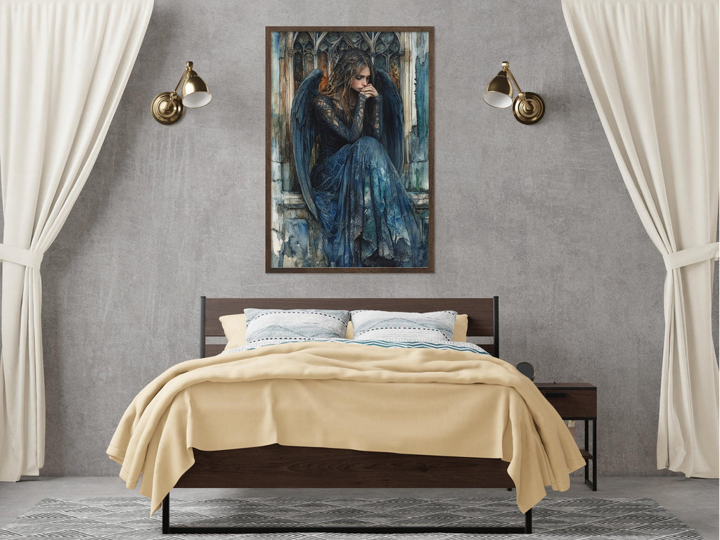 a bedroom with a large bed, a nightstand, and a painting of a woman with a flowing dress hanging on the wall above the bed.