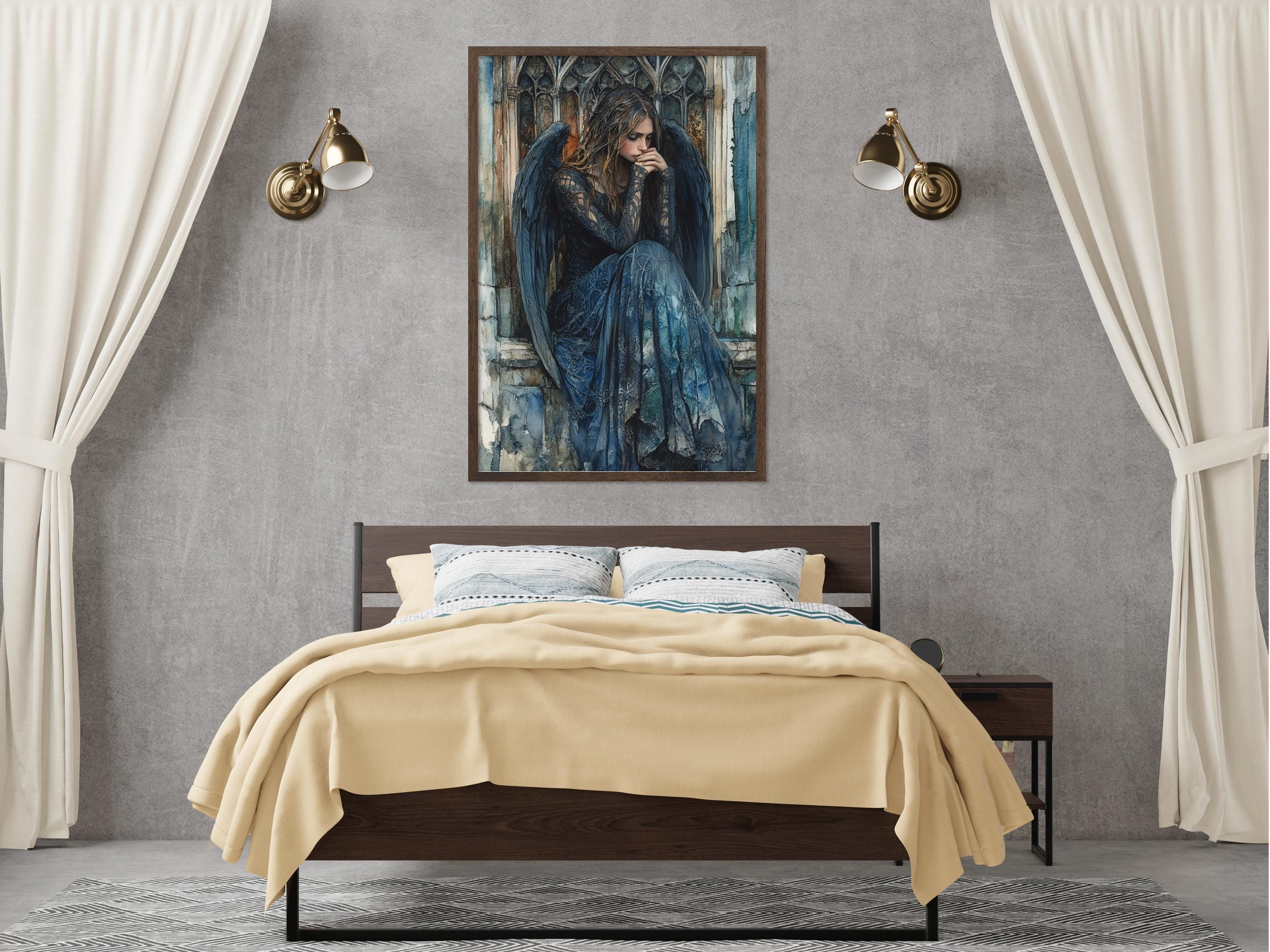 a bedroom with a large bed, a nightstand, and a painting of a woman with a flowing dress hanging on the wall above the bed.
