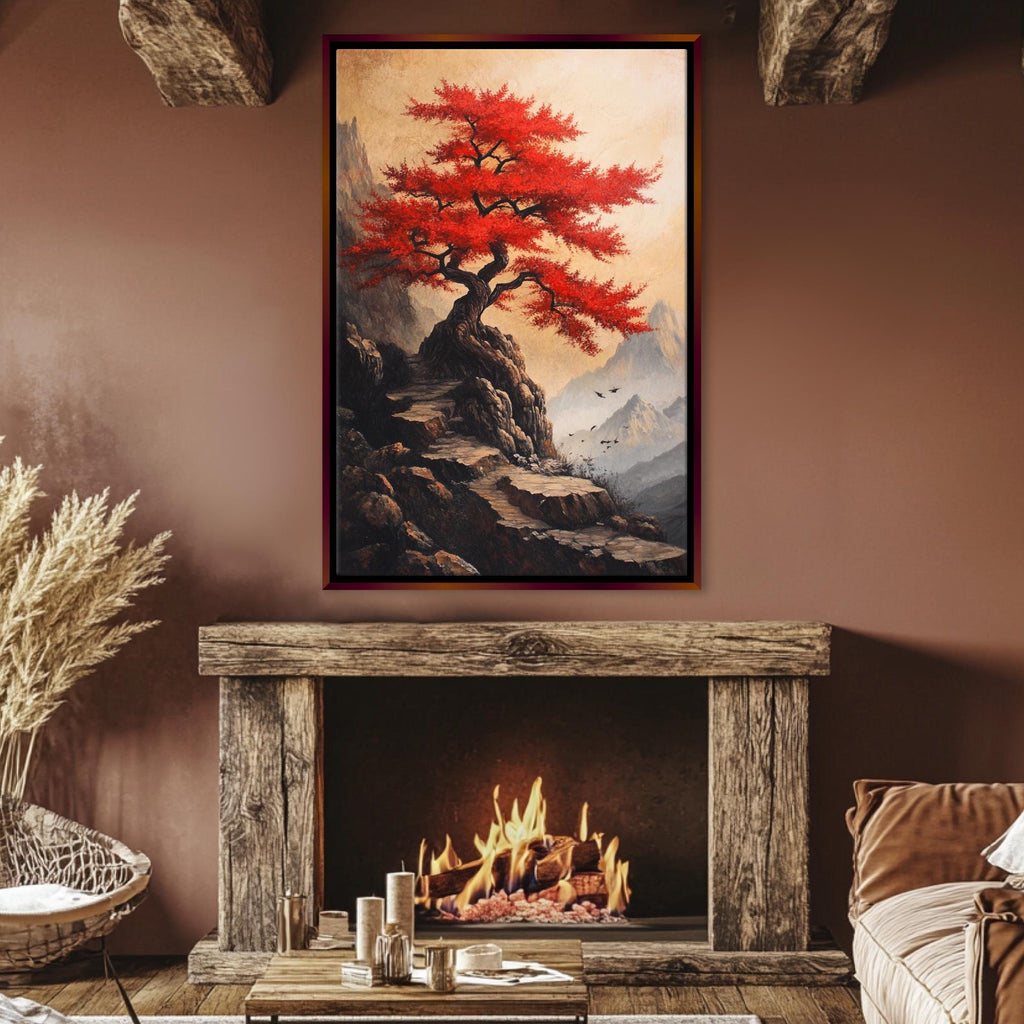 a living room with a fire place and a painting on the wall