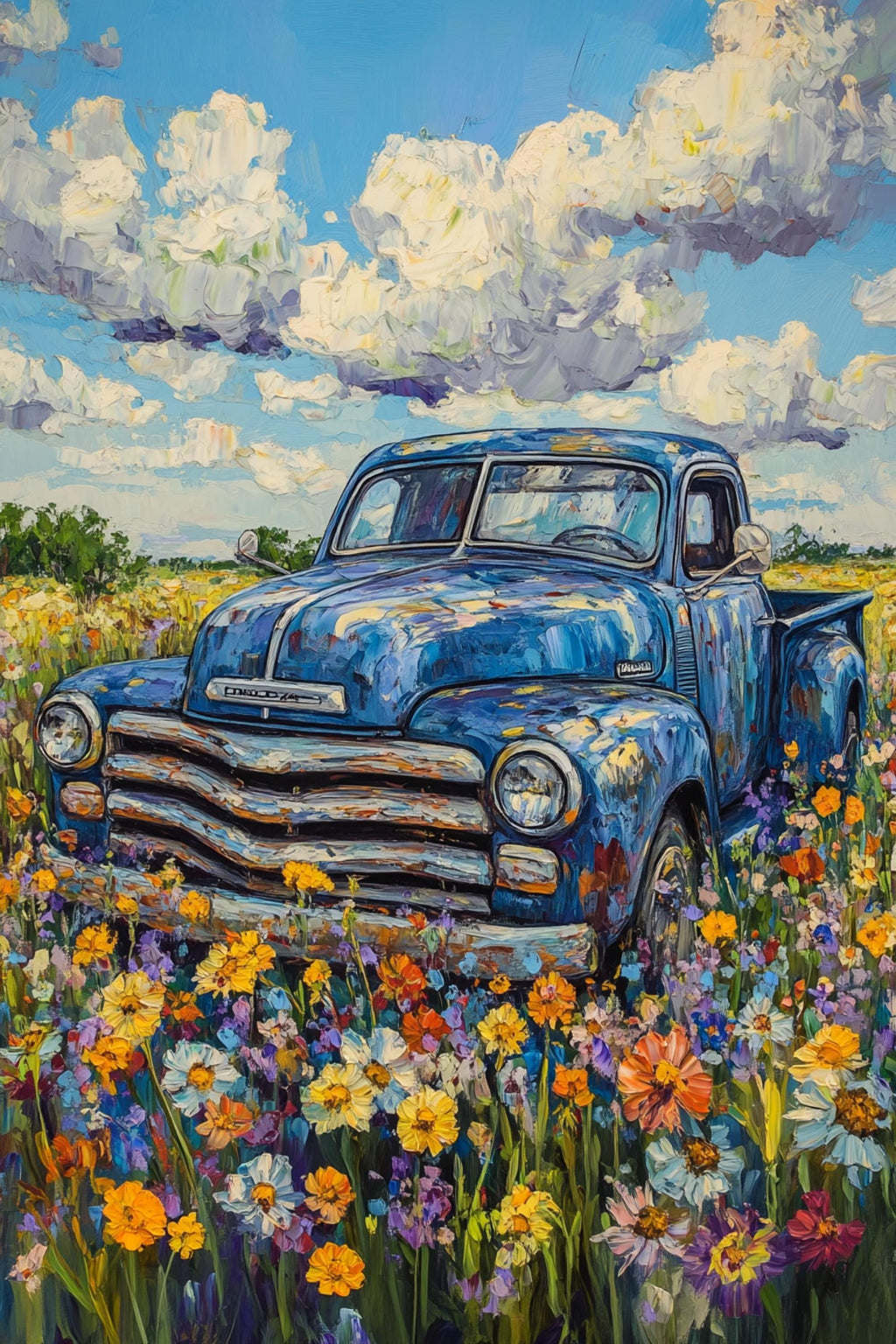 a blue pickup truck parked in a field of colorful wildflowers, with a cloudy sky in the background.