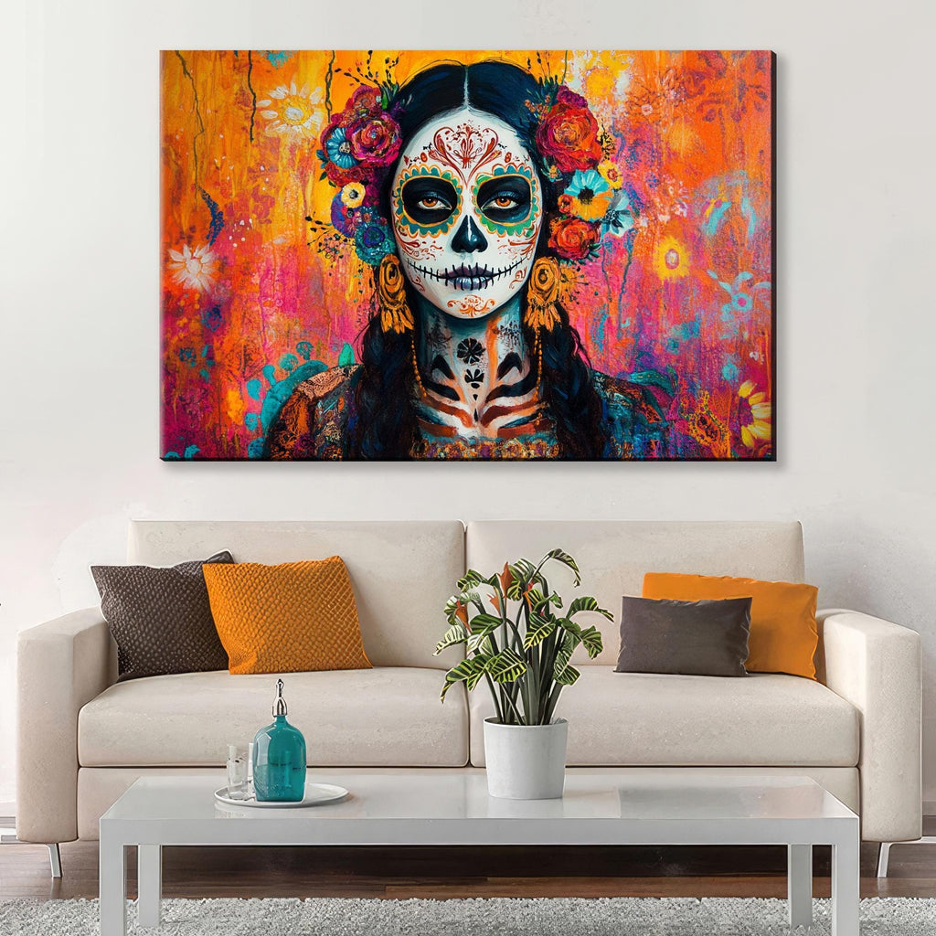 Mexican Sugar Skull Art - Extra Large Framed Canvas Print | Vibrant Día de Muertos Decor