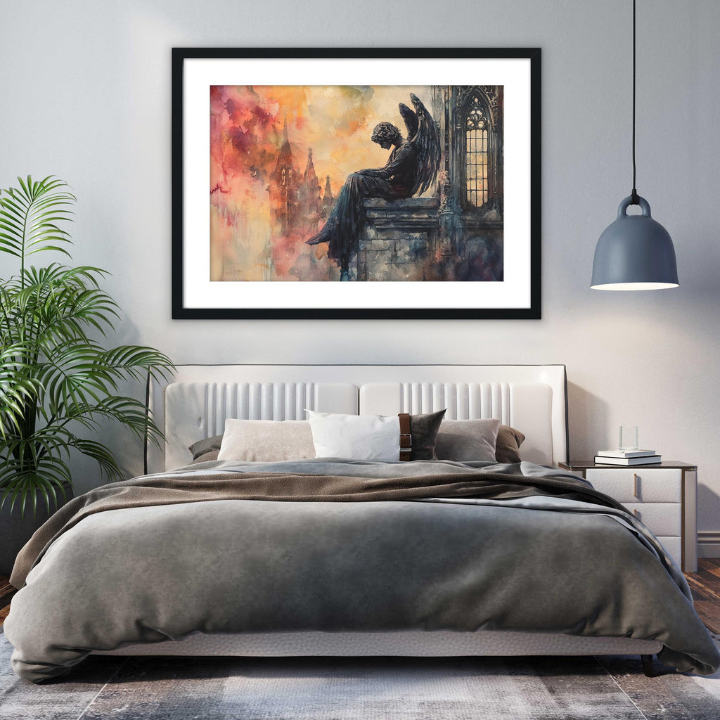 a bedroom with a large bed, a framed painting of a winged figure, and a potted plant.