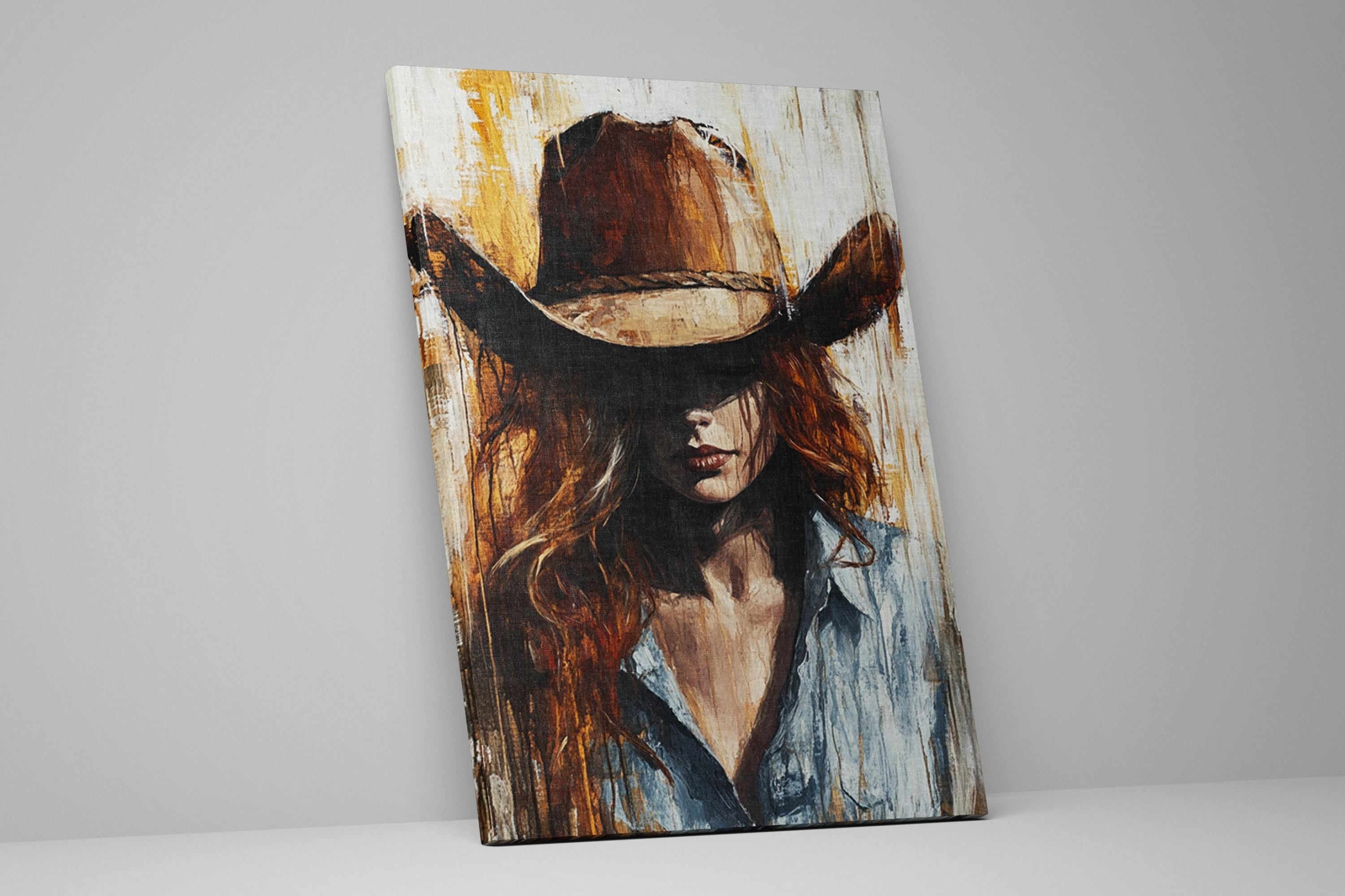 a painting of a woman wearing a cowboy hat