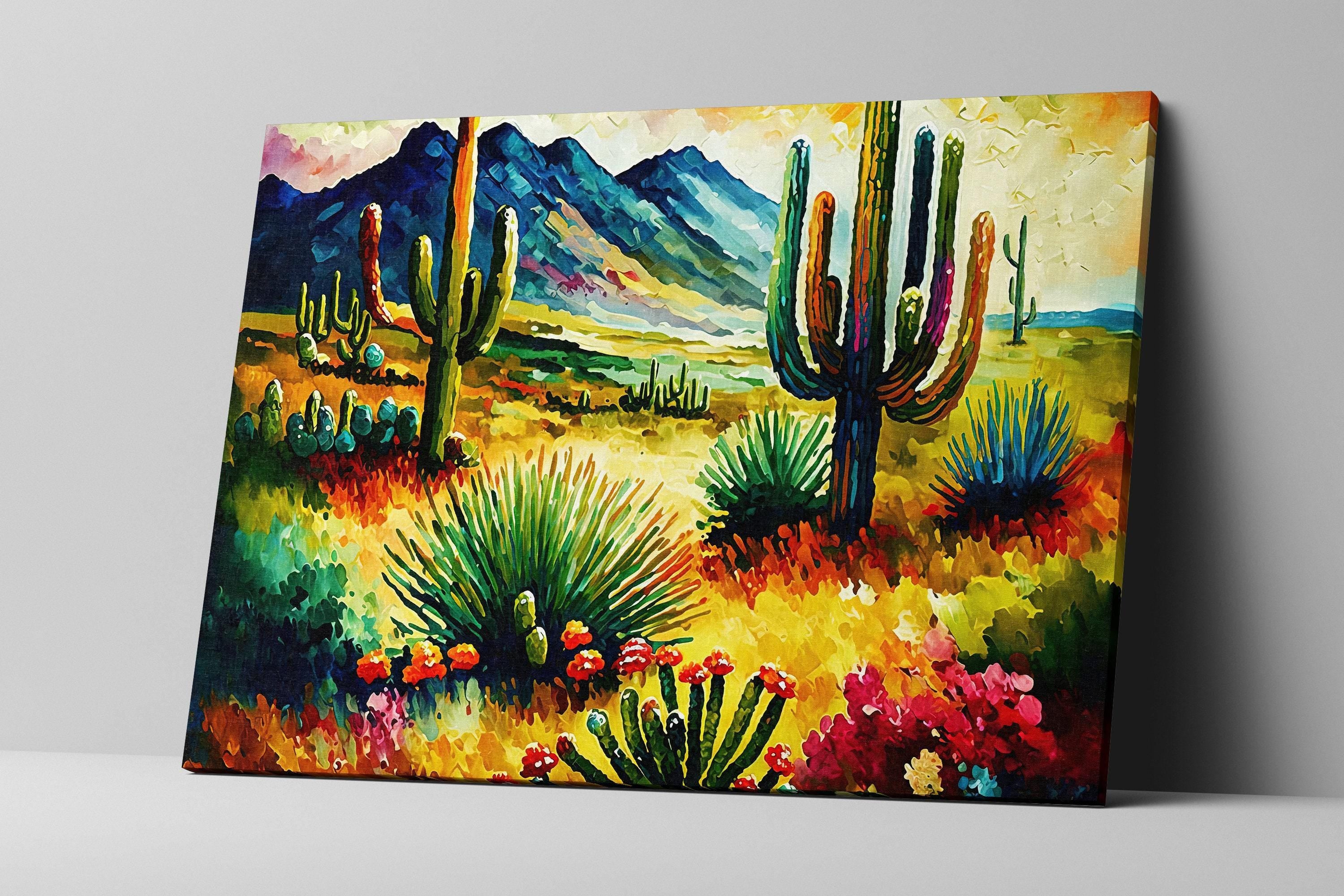 The image is a vibrant painting depicting a desert landscape with cacti, flowers, and mountains in the background.