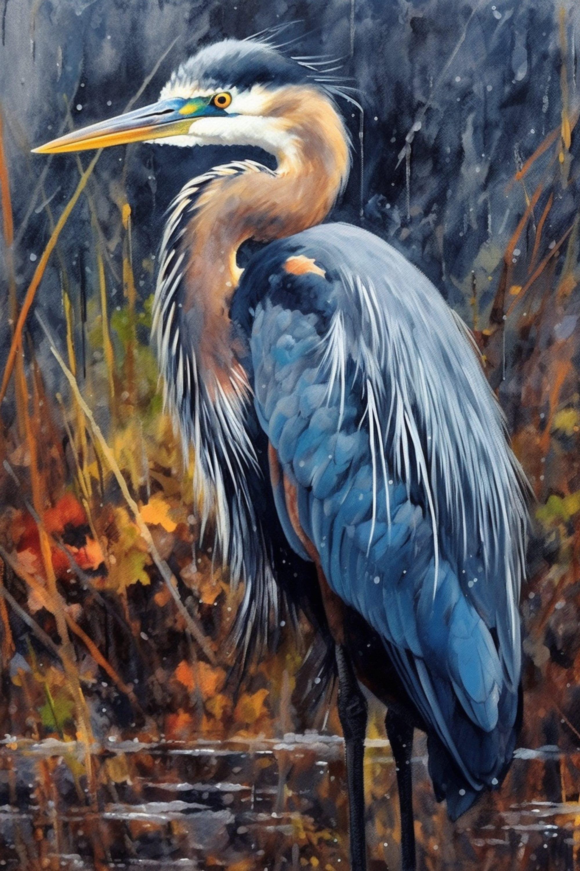 Waterside Blue Heron Watercolor Art for Wall Display, Giclee Print on Canvas, Artist Paper, Watercolor Paper, Available in Extra Large Sizes