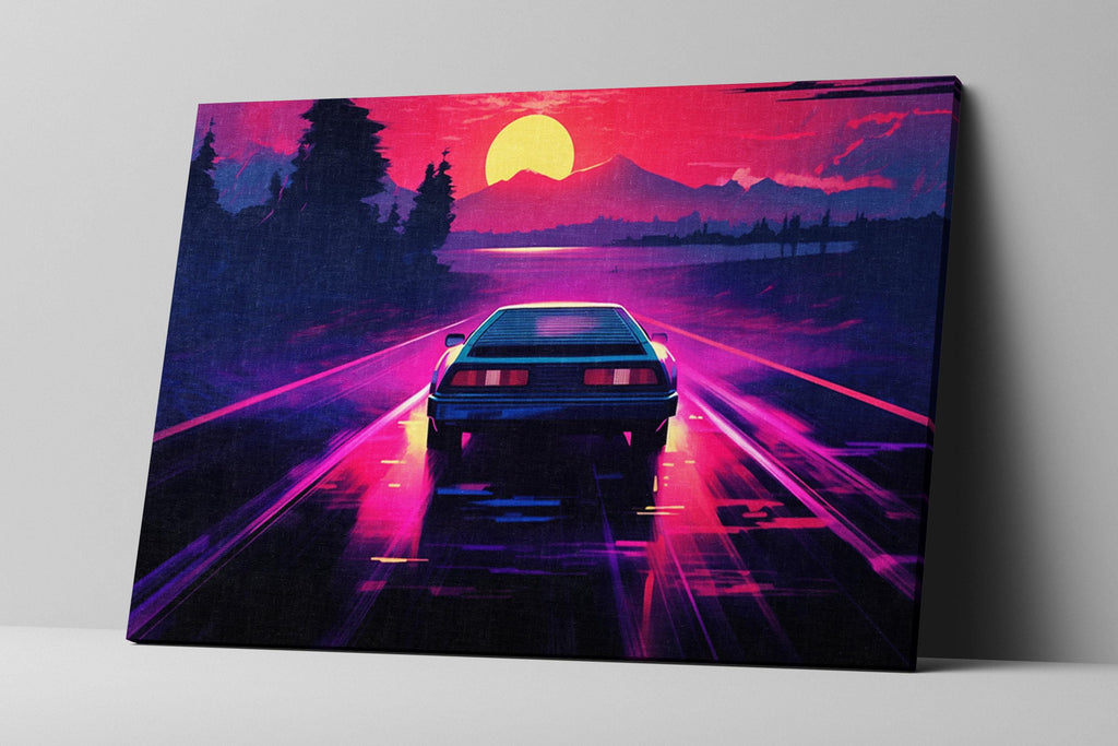 Neon Synthwave Canvas – 80s Outrun Art | Extra Large Gallery Wrapped Canvas Print