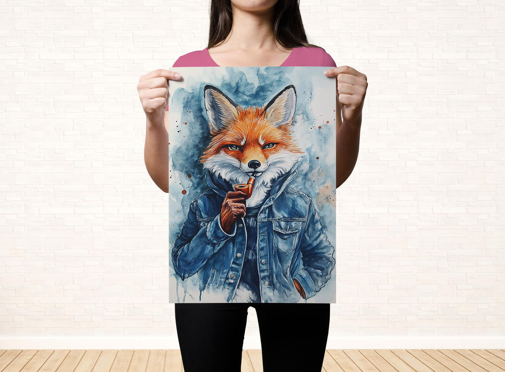 A woman is holding up a poster featuring a painting of a fox wearing a denim jacket.