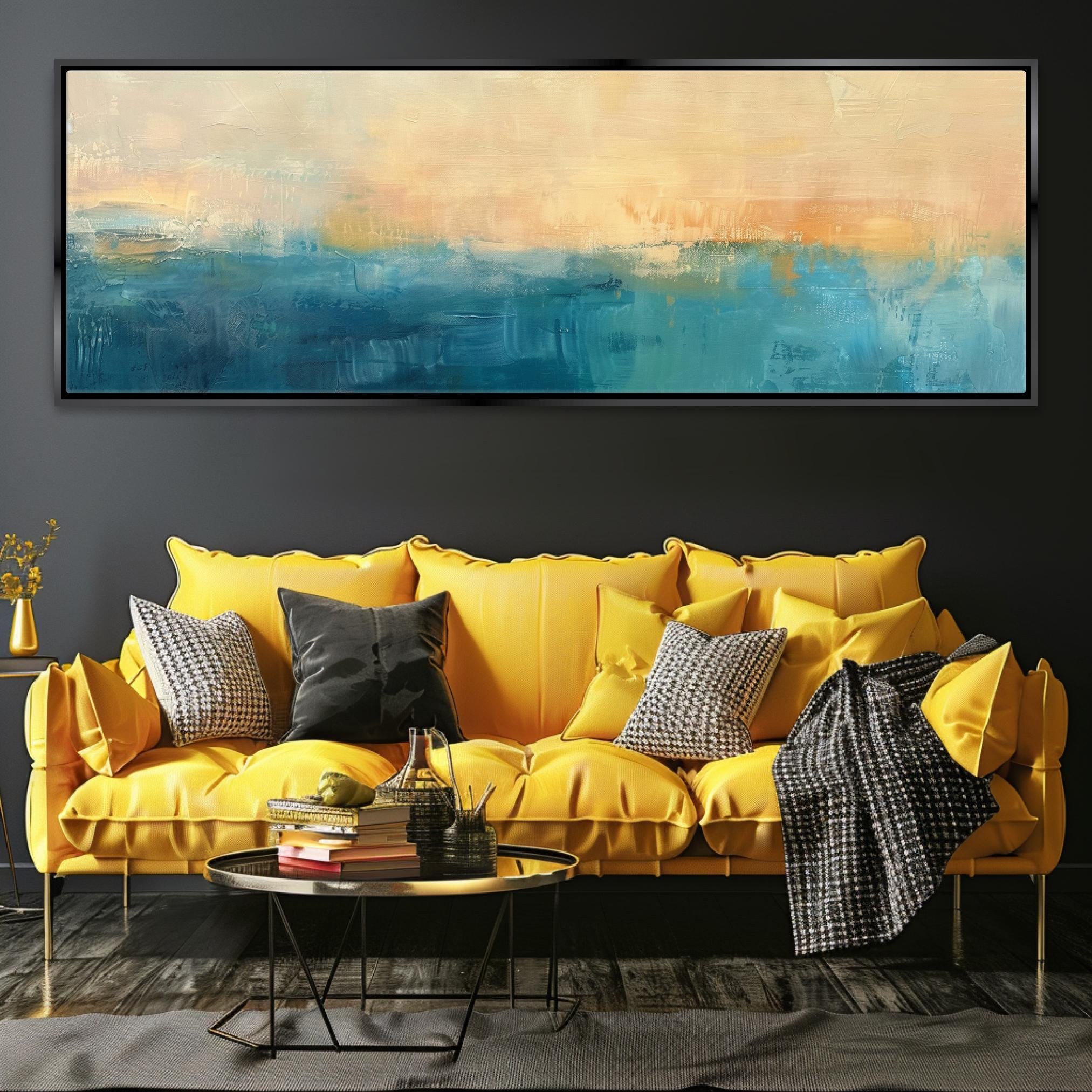 a living room with a yellow couch and a painting on the wall