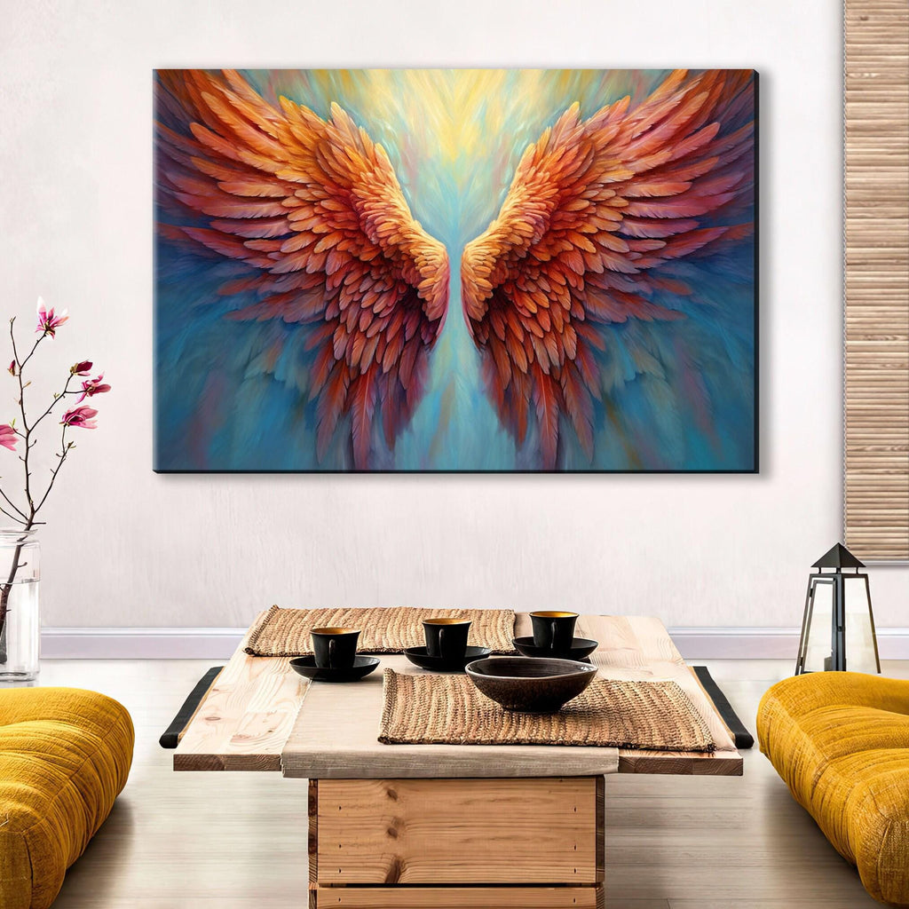 a large, vibrant painting of colorful, winged feathers hanging on a wall above a wooden coffee table with a bowl and cups on it.