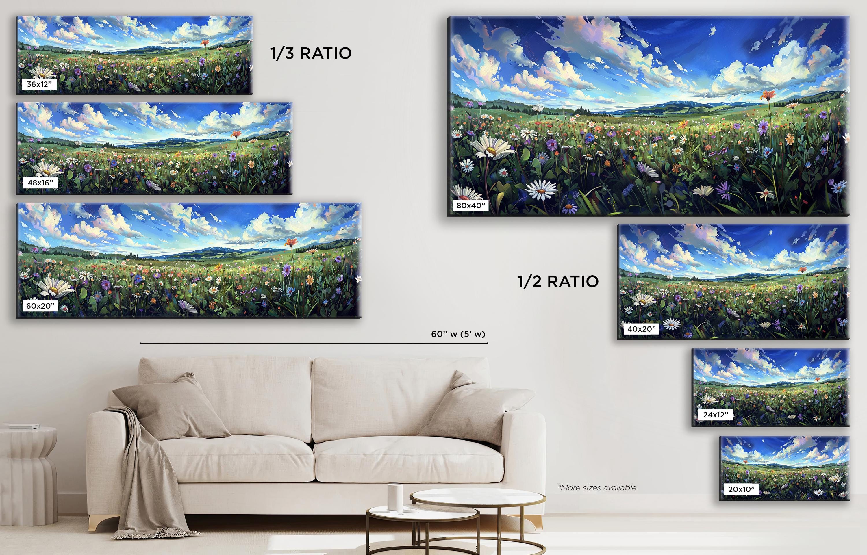 a living room with a white couch and paintings on the wall