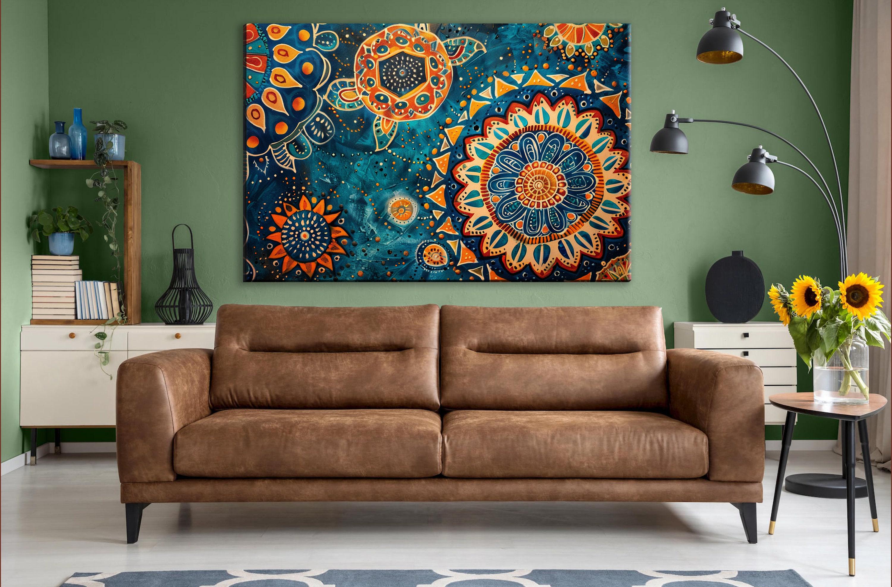 Boho Water Canvas - Extra Large Gallery Wrapped Art With Blue Orange Water Pattern