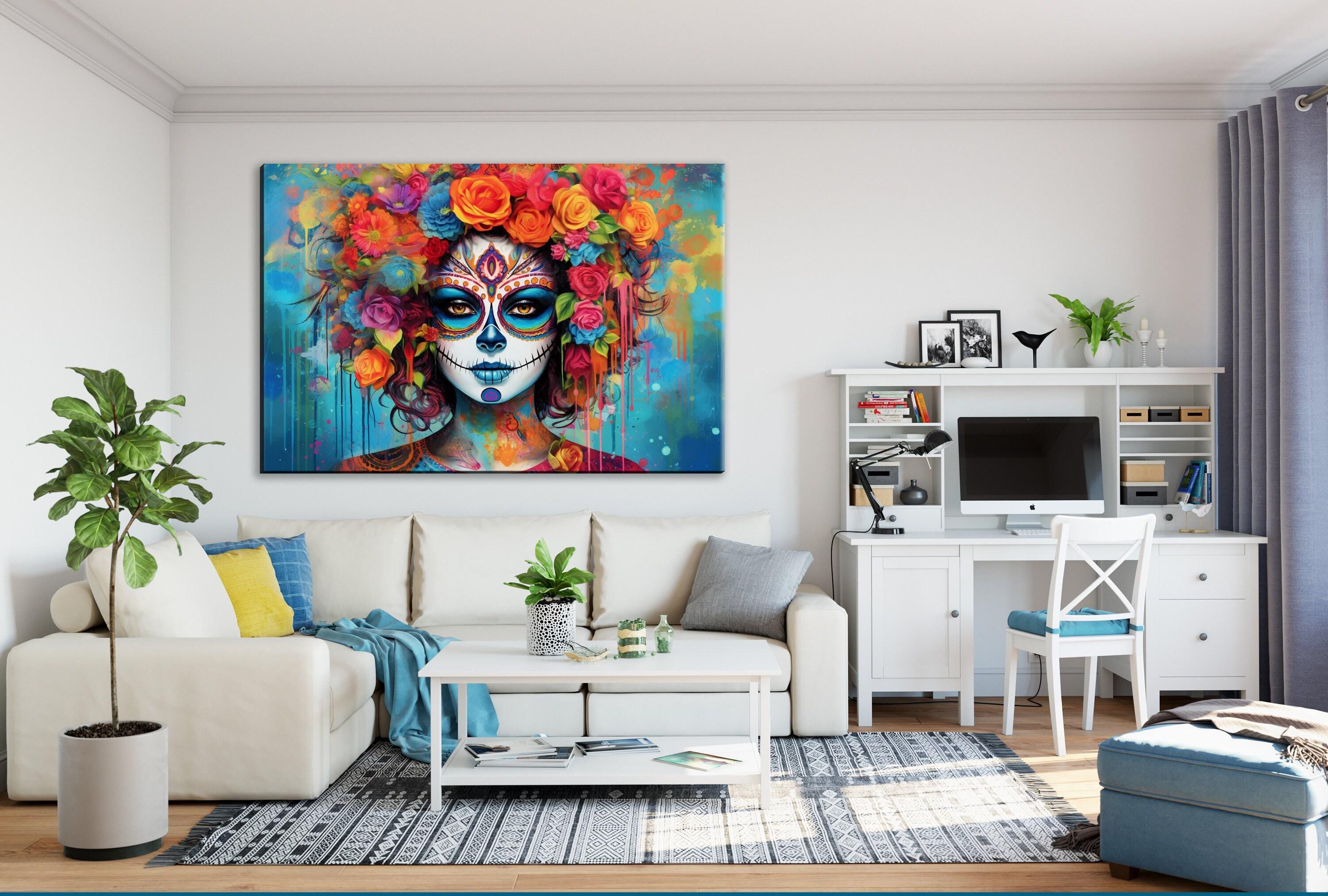 a modern living room with a large, colorful painting of a woman's face on the wall. The room is furnished with a white sofa, a coffee table, and a desk with a computer setup. The room also features a rug, potted plants, and other decorative elements, creating a cozy and inviting atmosphere.
