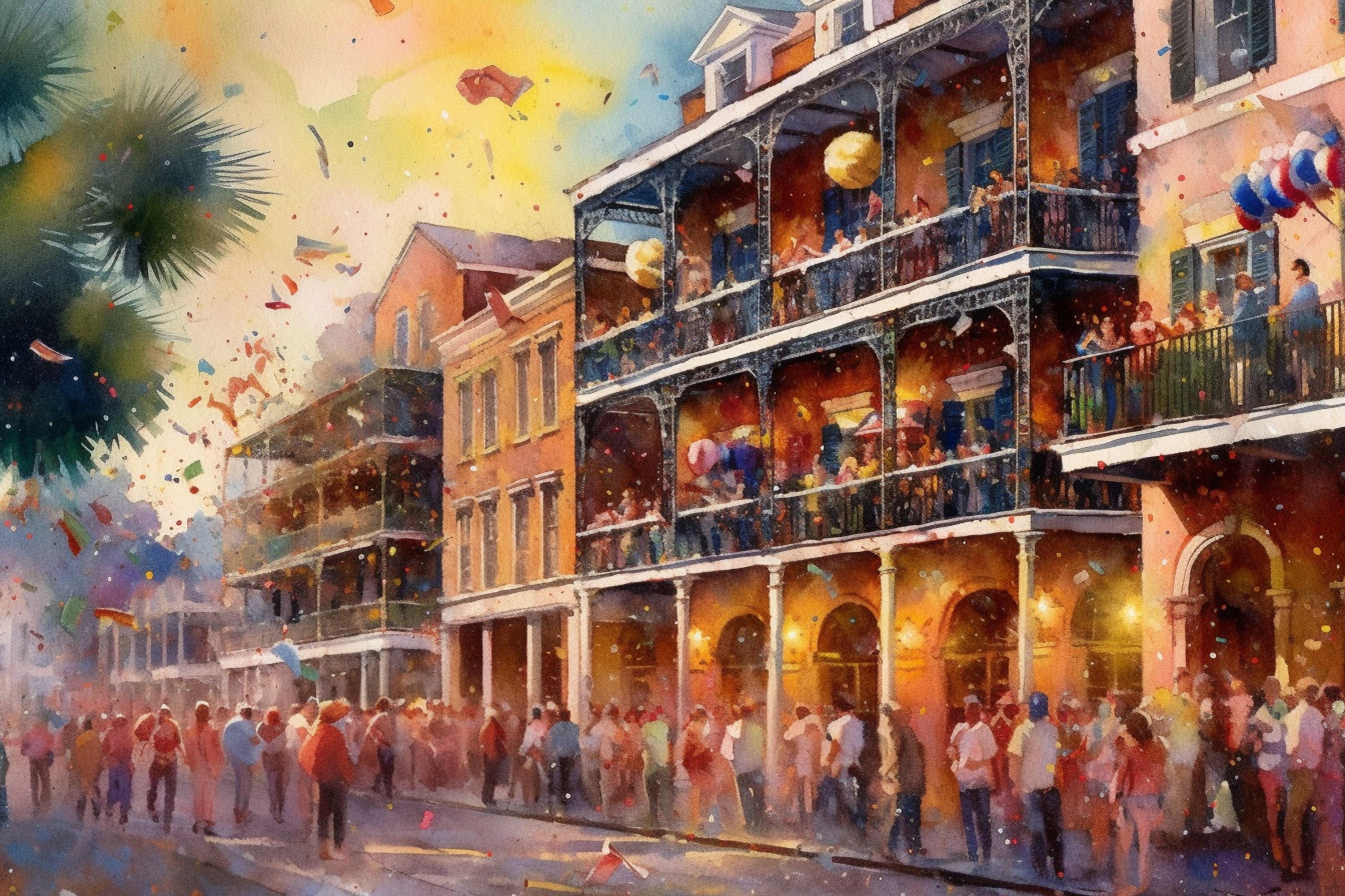 New Orleans Mardi Gras Watercolor, Festive Wall Art, Giclee Print on Canvas, Artist Paper, Watercolor Paper, Available in Extra Large Sizes
