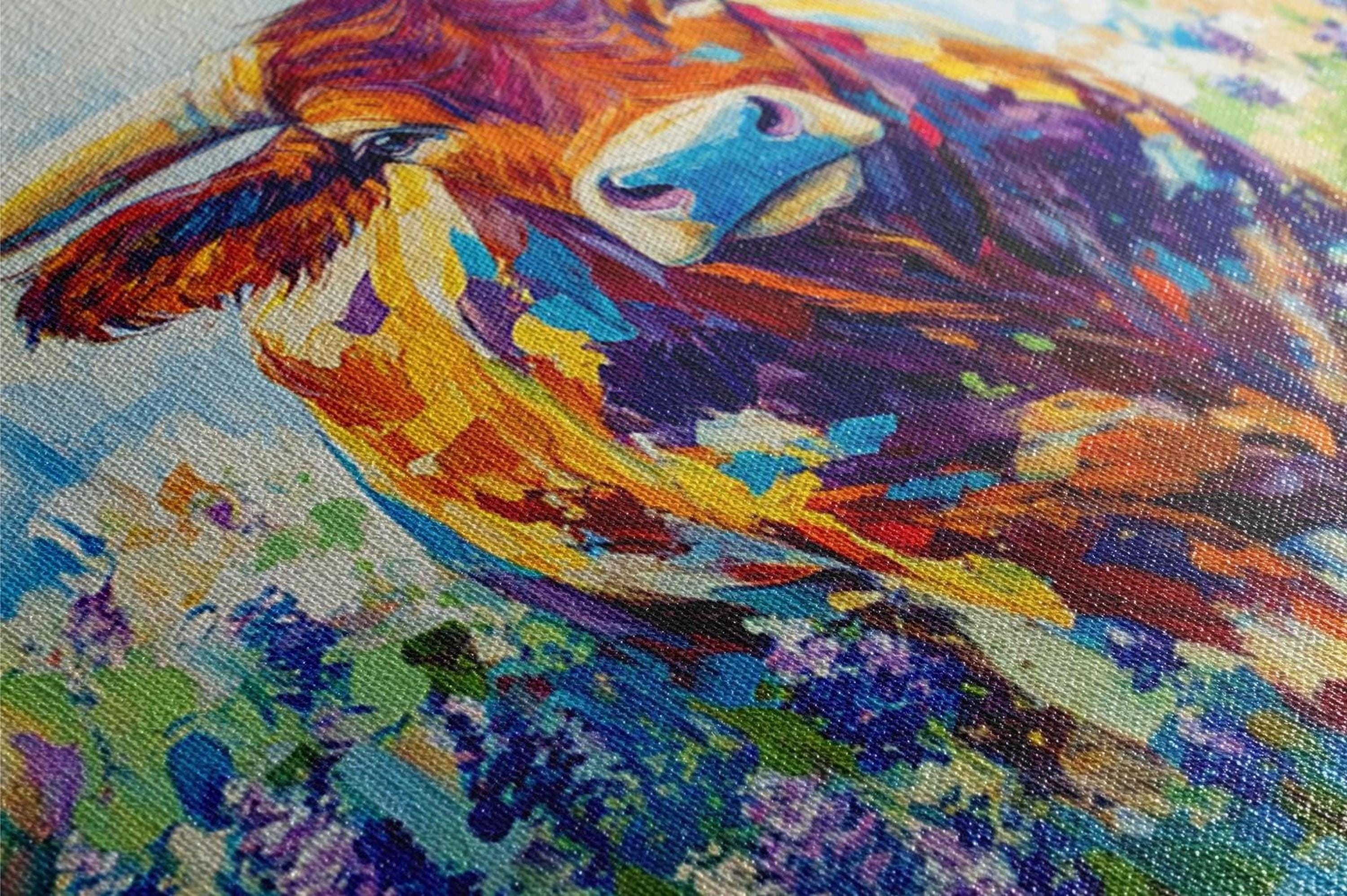 The image is a vibrant, colorful painting of a bull's head, with bold brushstrokes and a lively color palette.
