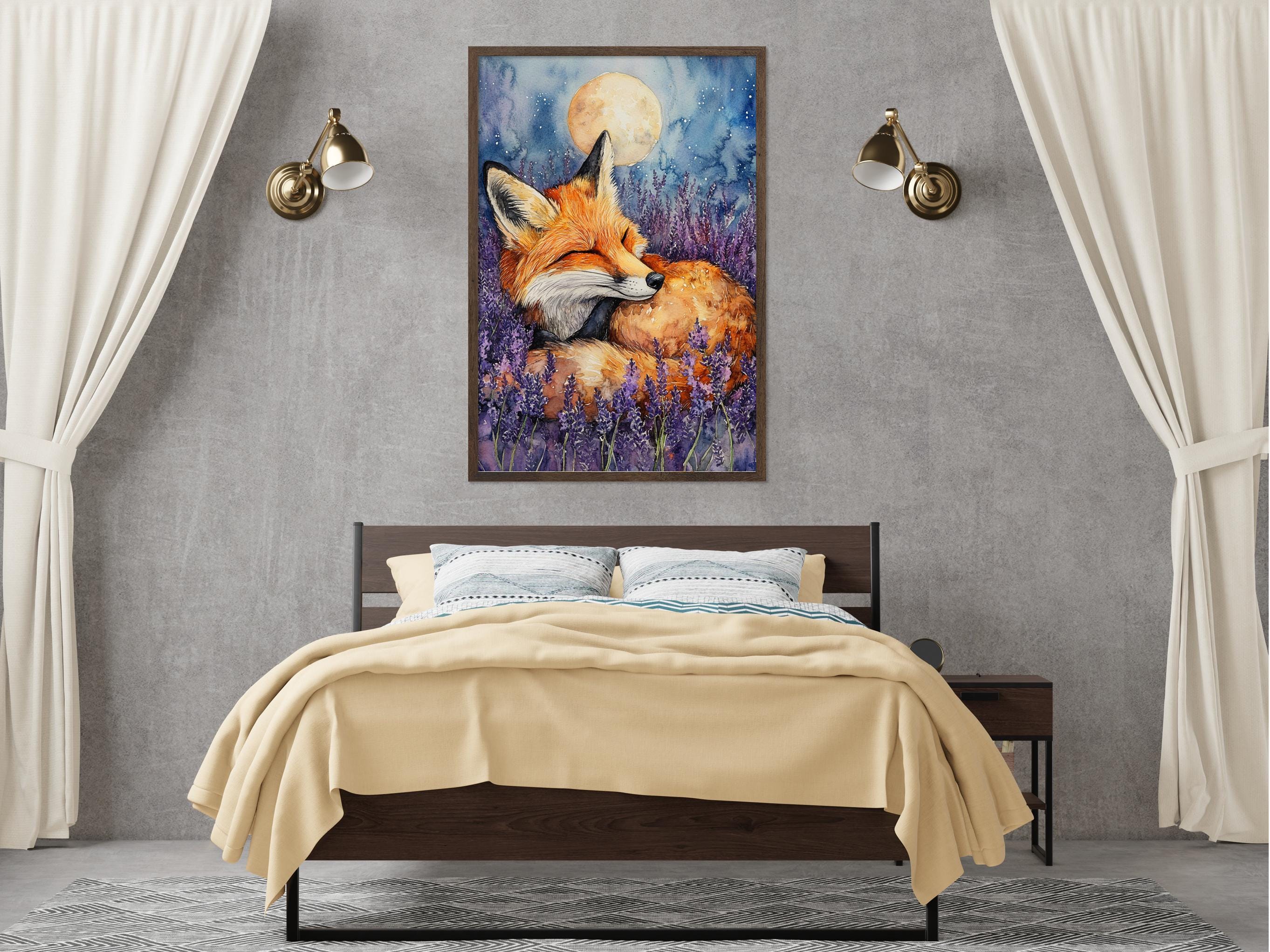 a bedroom with a large bed, a nightstand, and a framed painting of a fox resting in a field of purple flowers. The painting is hanging on the wall above the bed, creating a serene and peaceful atmosphere in the room.