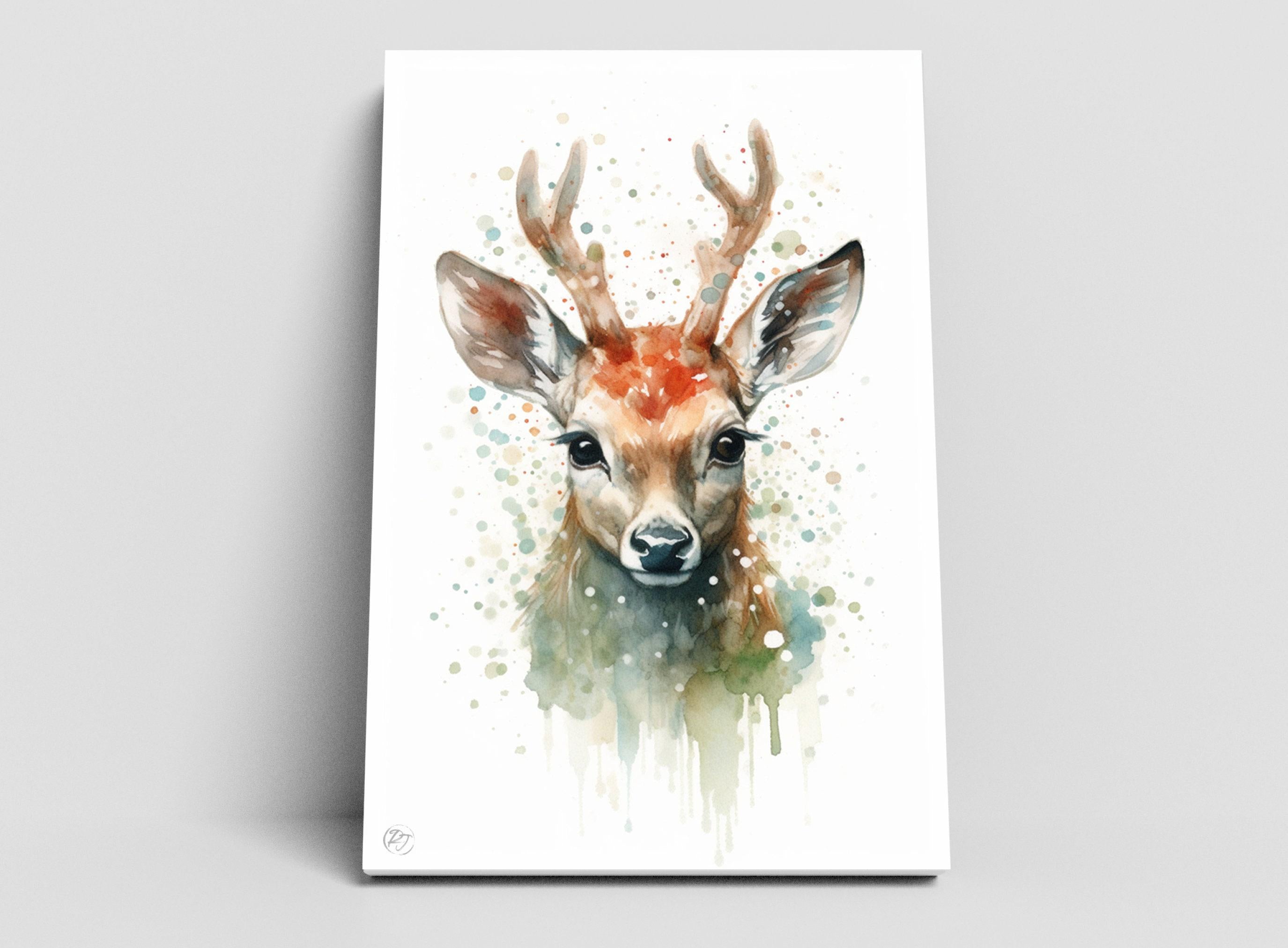 Adorable Baby Reindeer Watercolor - Charming Holiday Decor, Print on Canvas, Artist Paper, Watercolor Paper, Available in Extra Large Sizes