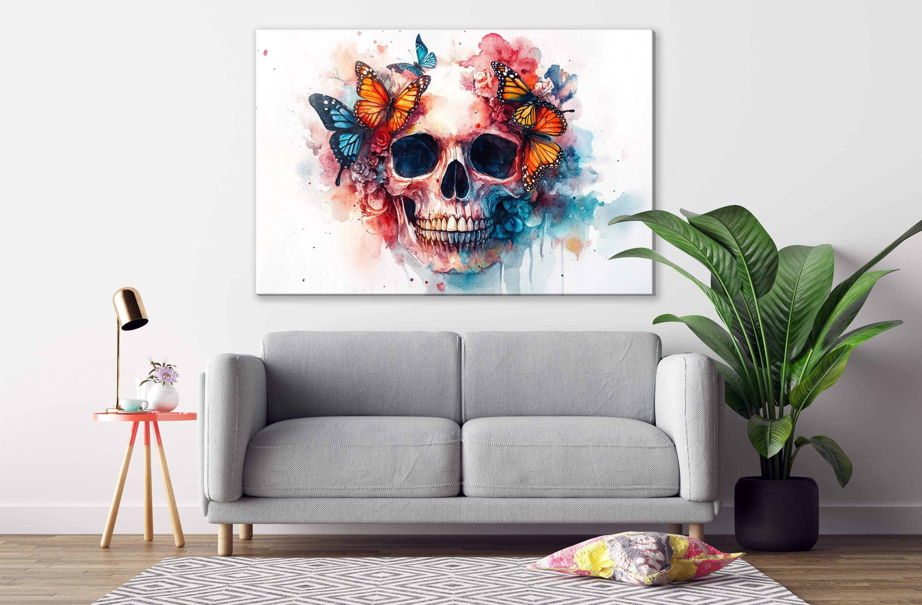 a gray sofa, a potted plant, a lamp, and a large painting of a skull with butterflies on the wall.
