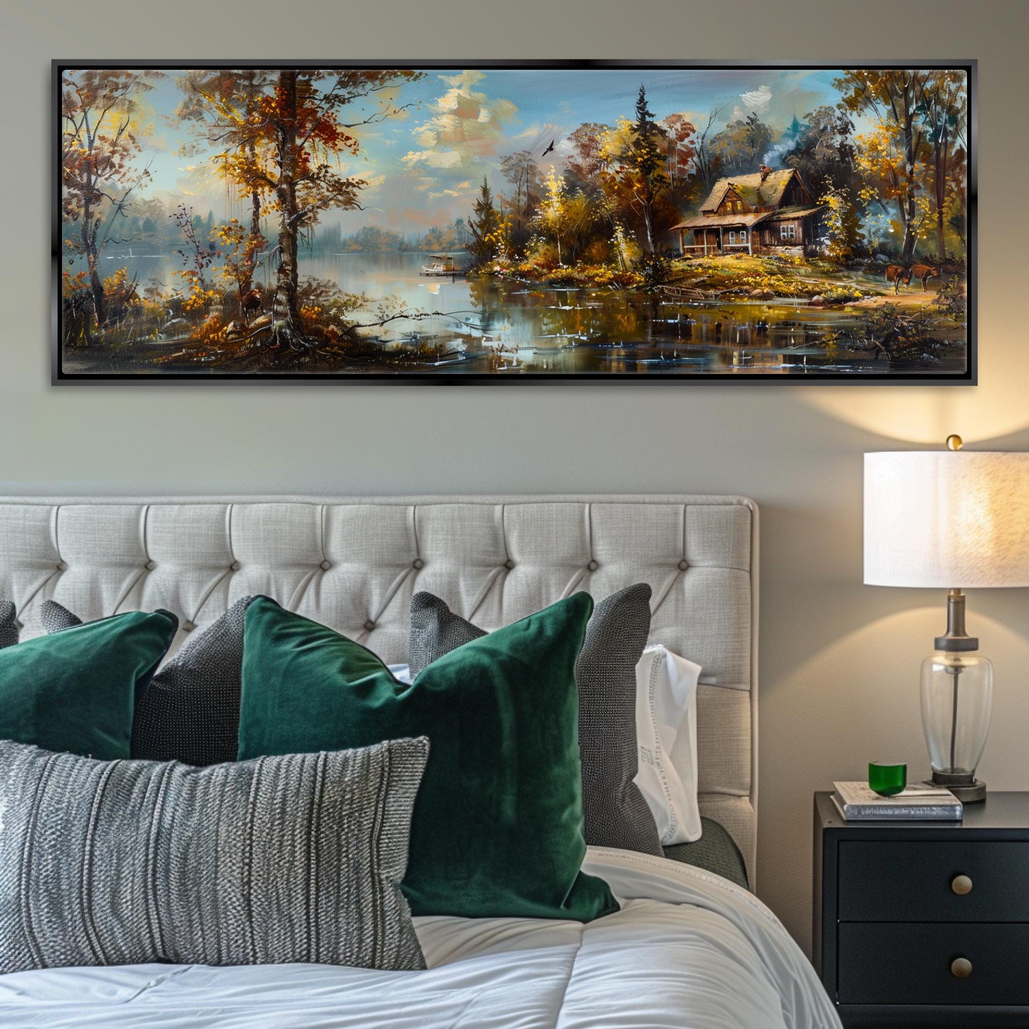 a bedroom with a bed and a painting on the wall