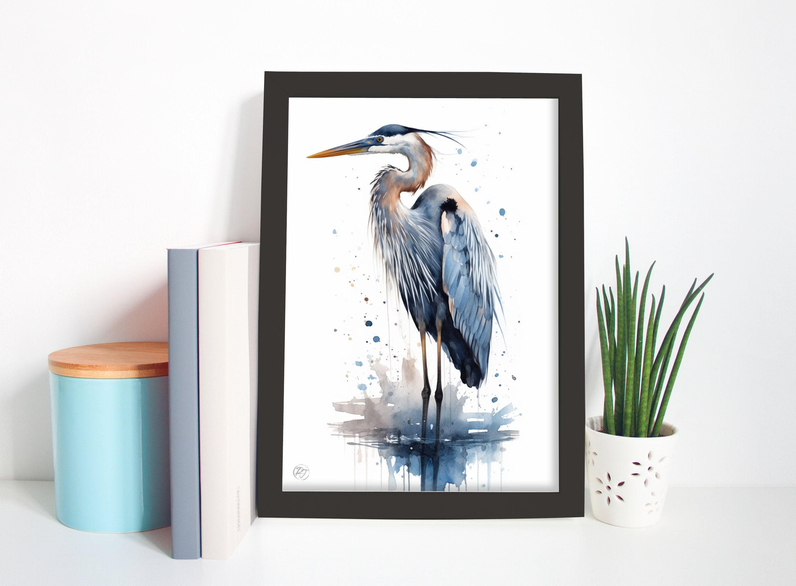 Tranquil Guardian: Blue Heron Watercolor Wall Art, Giclee Print on Canvas, Artist Paper, Watercolor Paper, Available in Extra Large Sizes