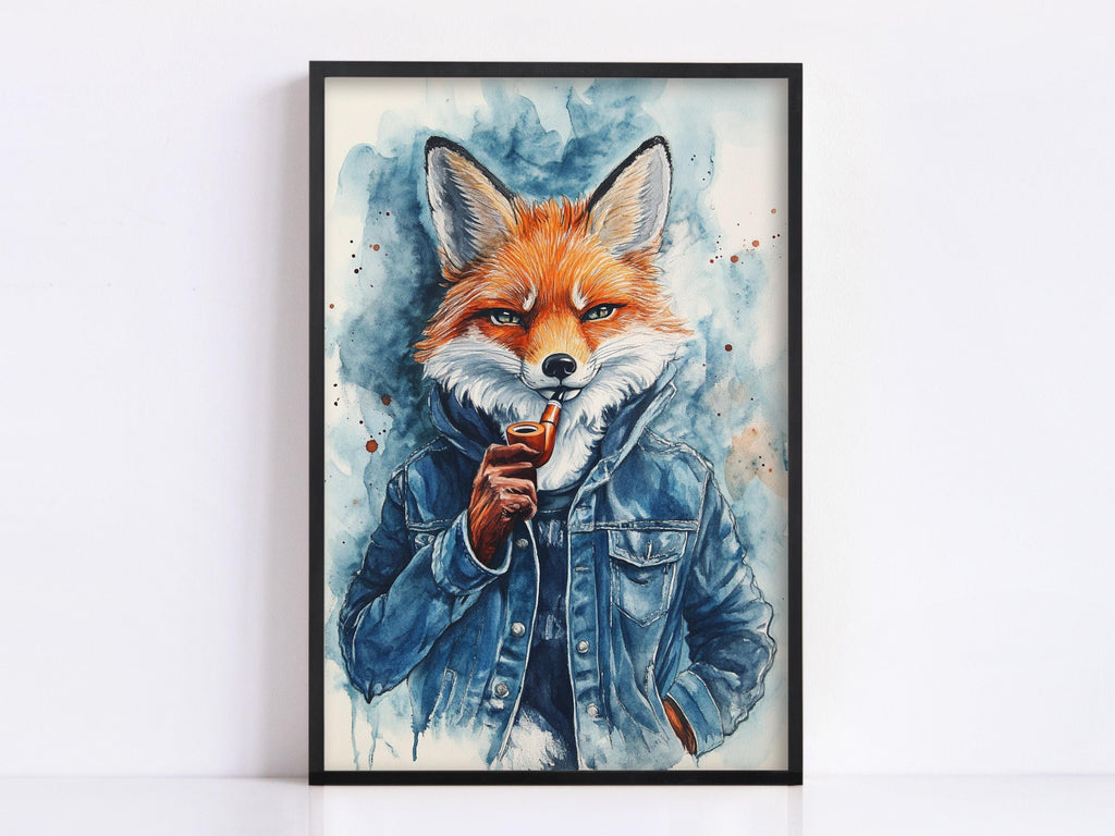 A framed painting depicting a fox wearing a denim jacket and holding a cigarette.
