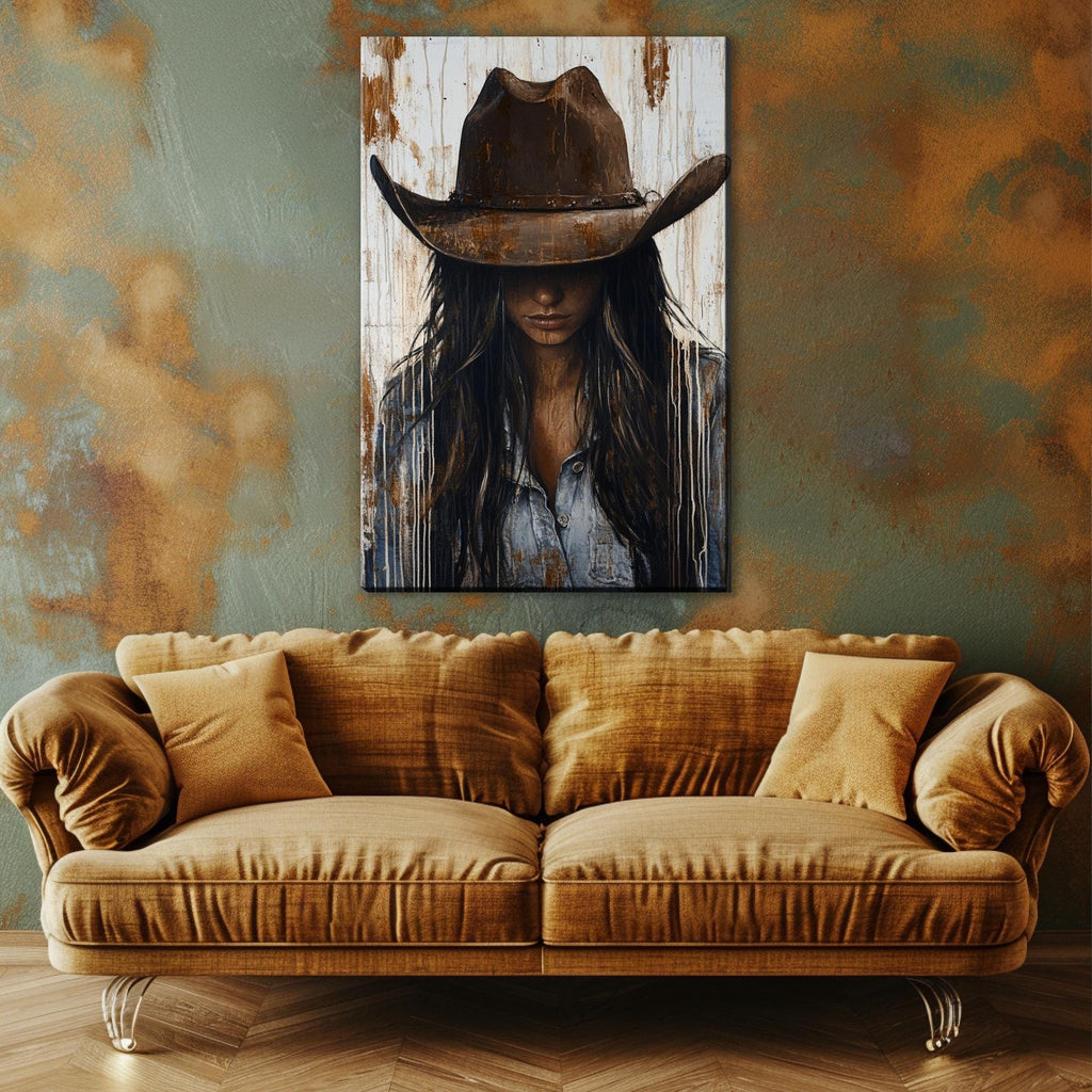 a painting of a woman wearing a cowboy hat