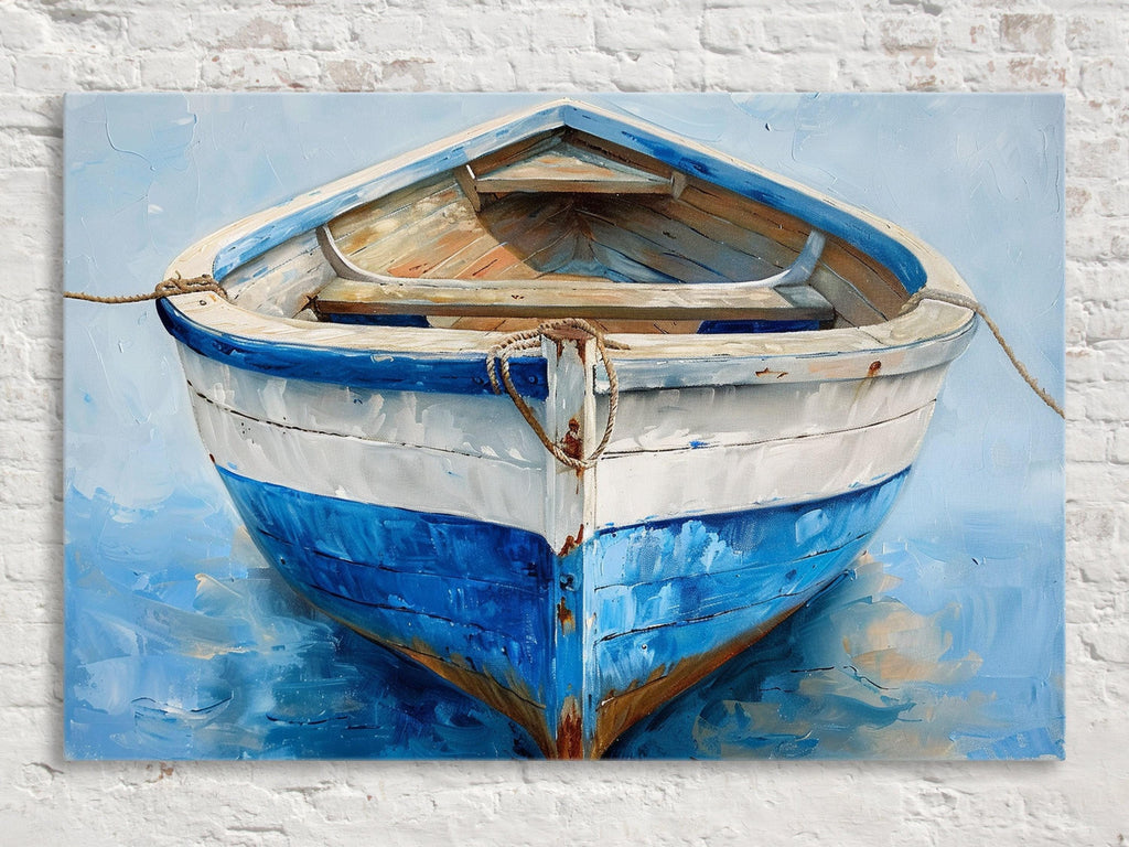 A painting of a blue and white boat on a body of water, with a white and blue striped hull and a wooden cabin.