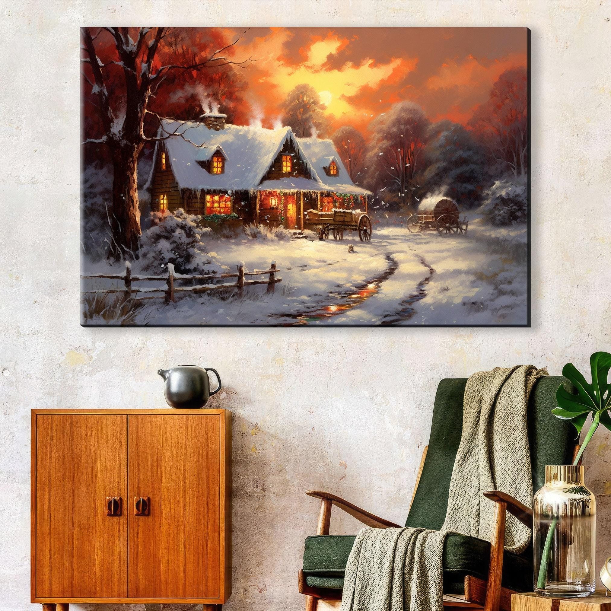 Christmas Canvas Art - Rustic Holiday Wall Decor | Oil Painting on Gallery Wrapped Canvas