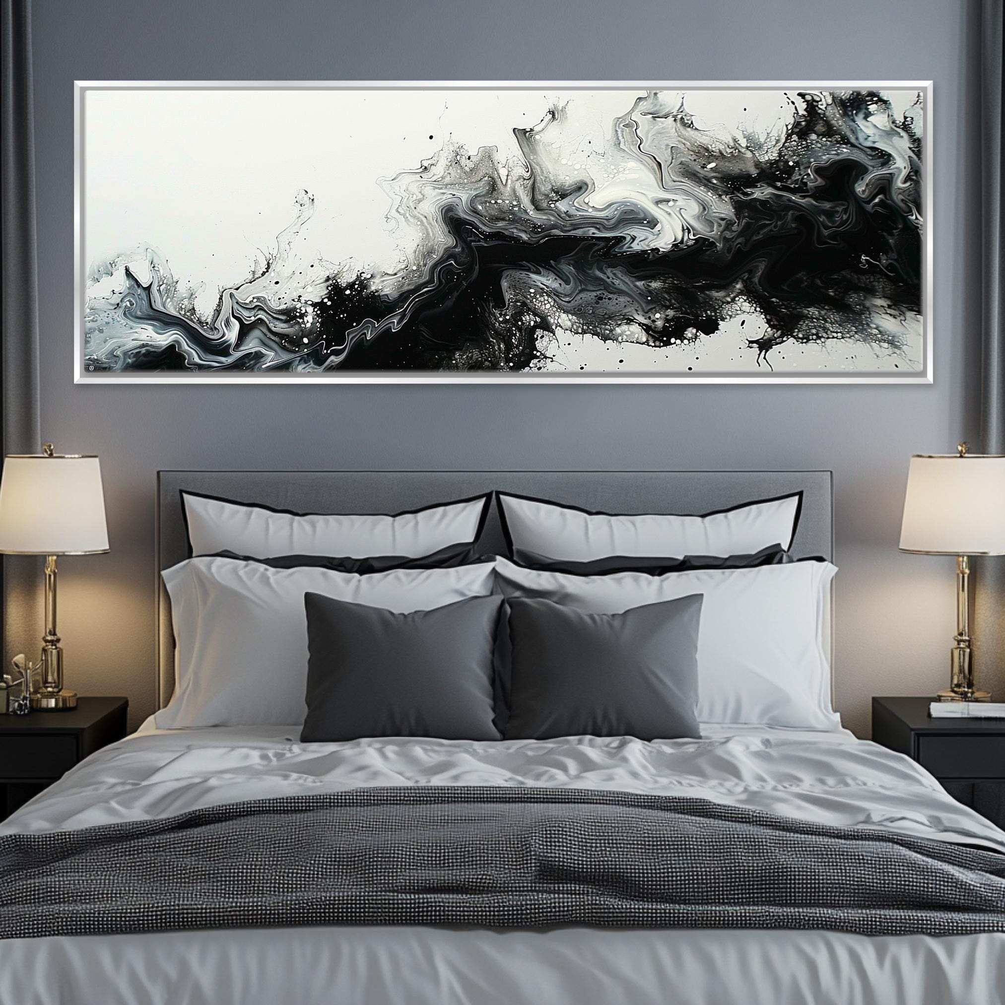 a bedroom with a large painting on the wall above the bed