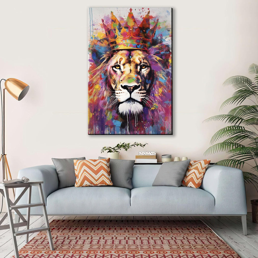 Lion Canvas Art – Large Watercolor Lion with Crown | Majestic Wildlife Wall Decor