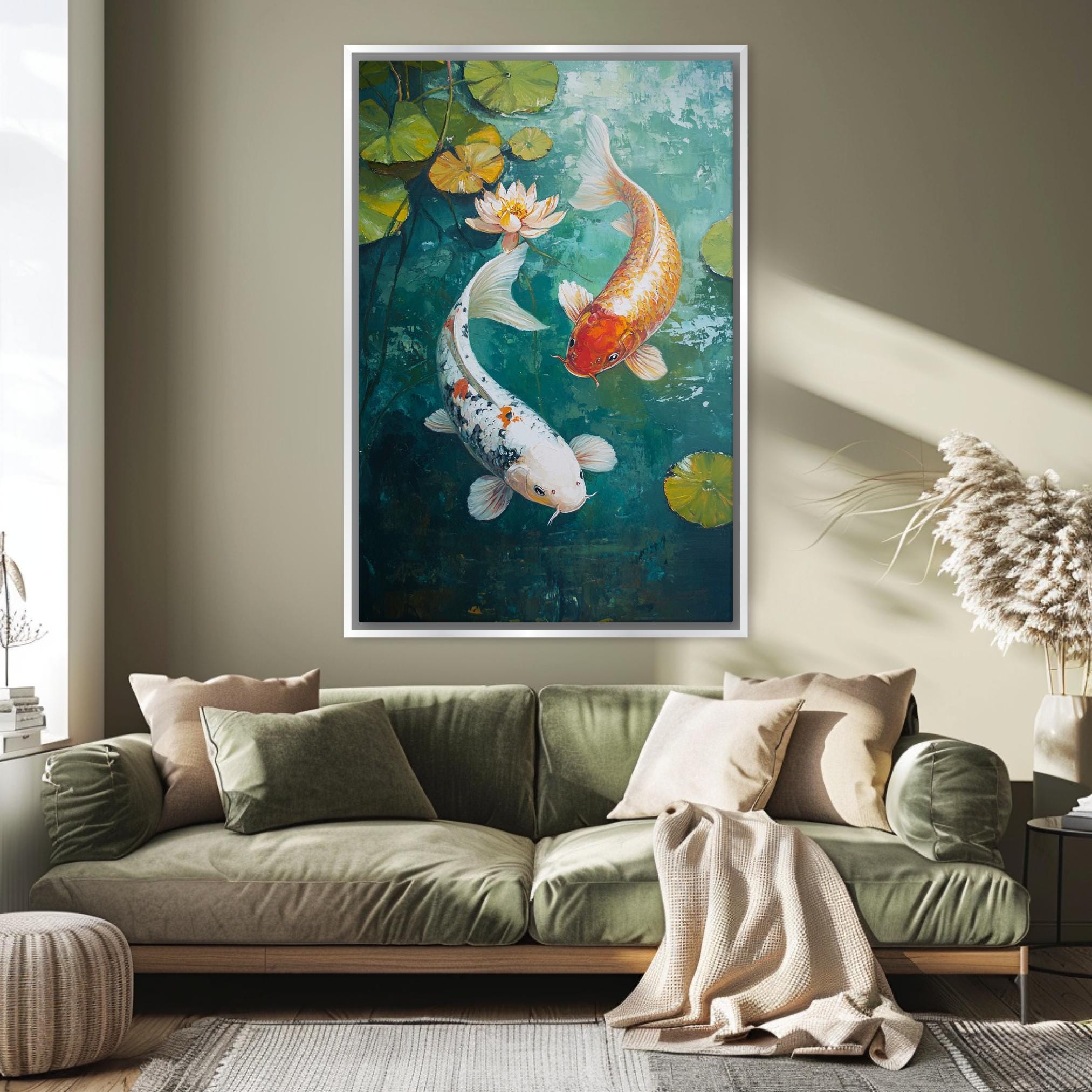 a painting of two koi fish swimming in a pond