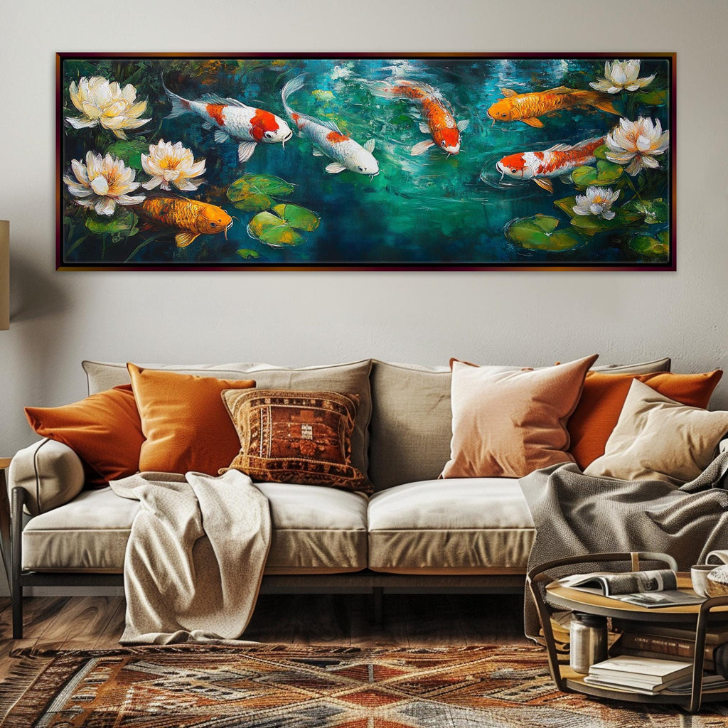 a living room with a couch and a painting on the wall