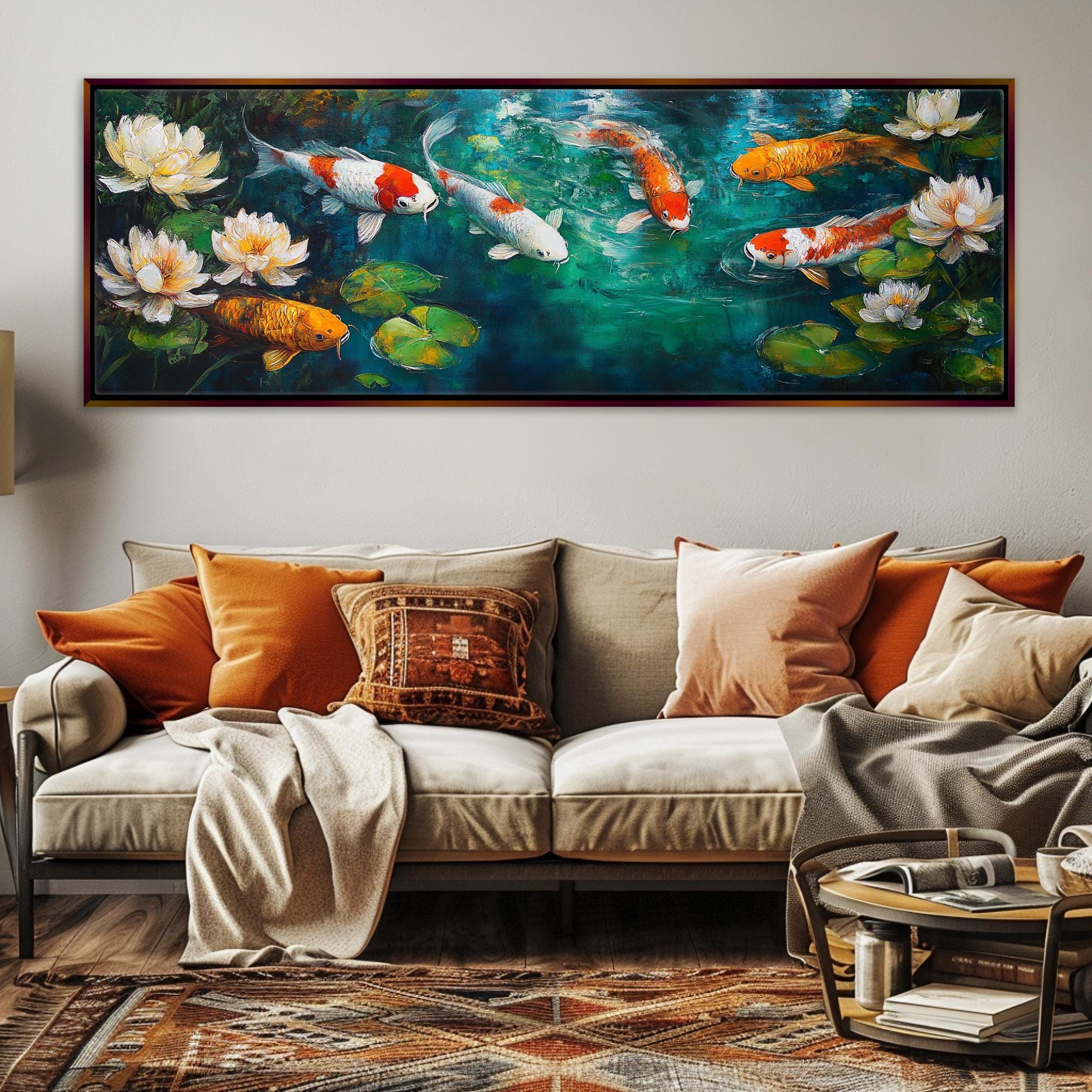 a living room with a couch and a painting on the wall