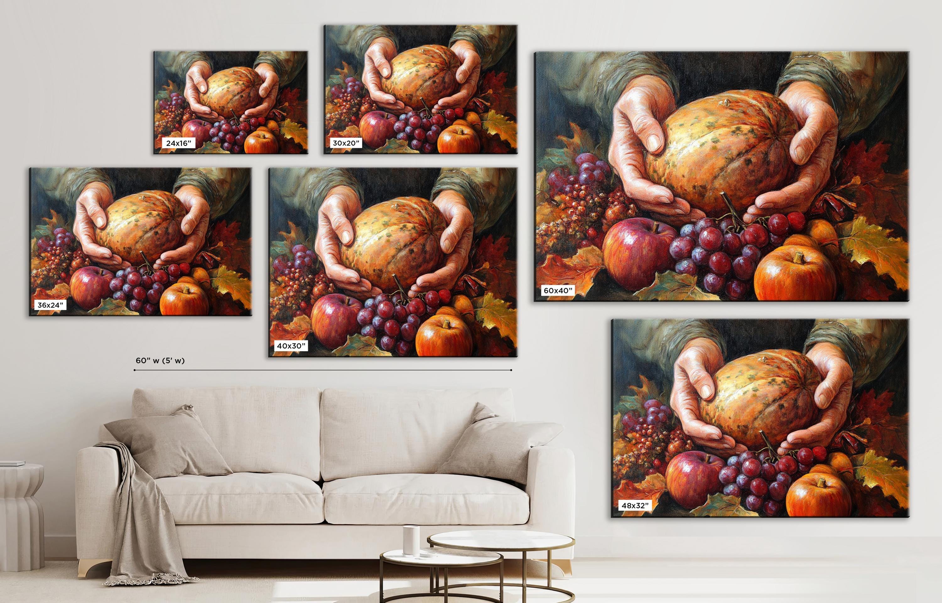 The image is a collage of six paintings depicting hands holding various fruits, including apples, grapes, and pumpkins, against a backdrop of autumn leaves.