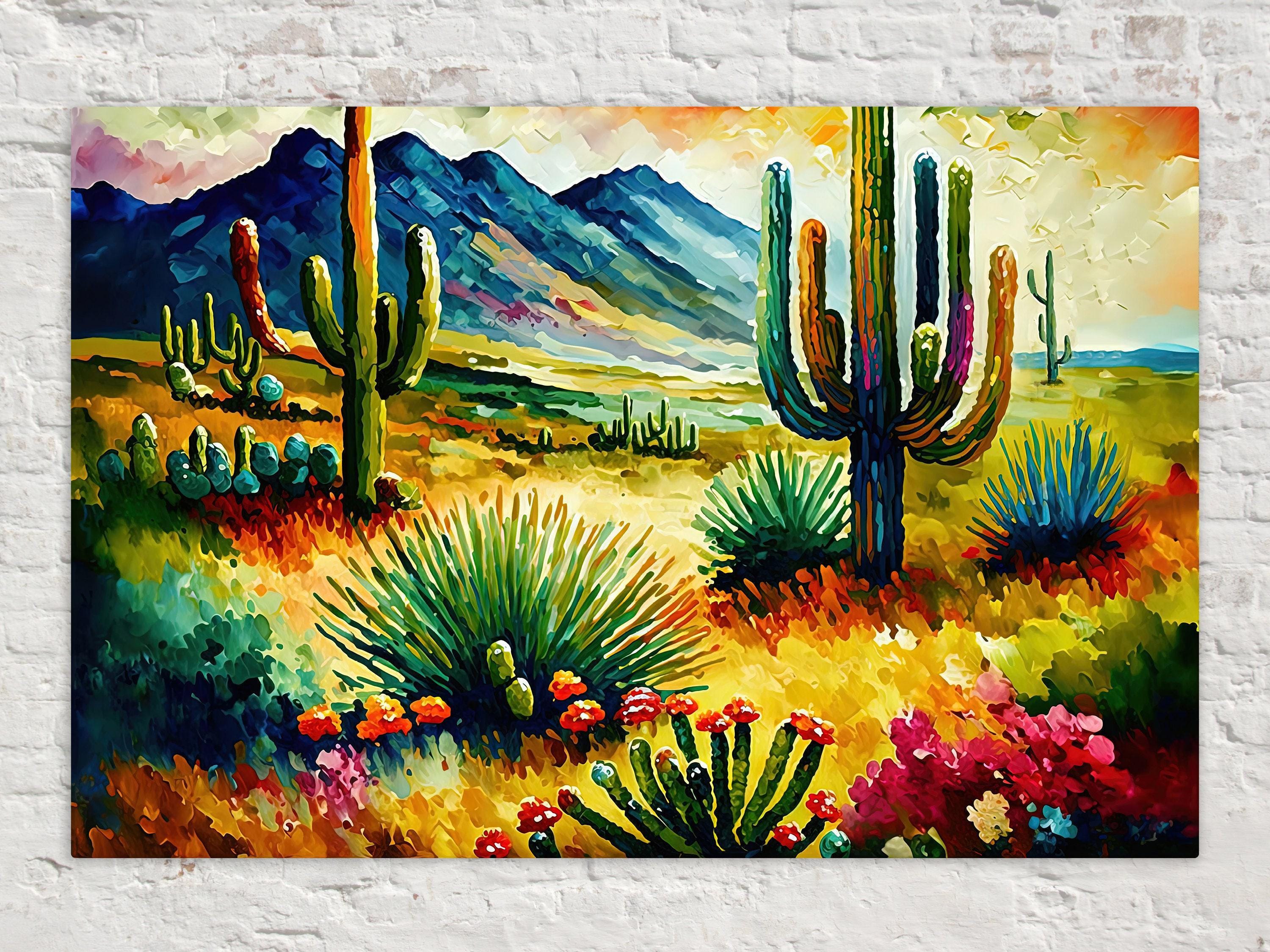 A vibrant desert landscape painting featuring a variety of cacti, succulents, and colorful flowers against a backdrop of mountains and a clear sky.