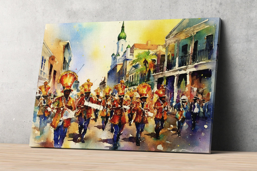 Mardi Gras Marching Band Watercolor – NOLA Parade, Giclee Print on Canvas, Artist Paper, Watercolor Paper, Available in Extra Large Sizes